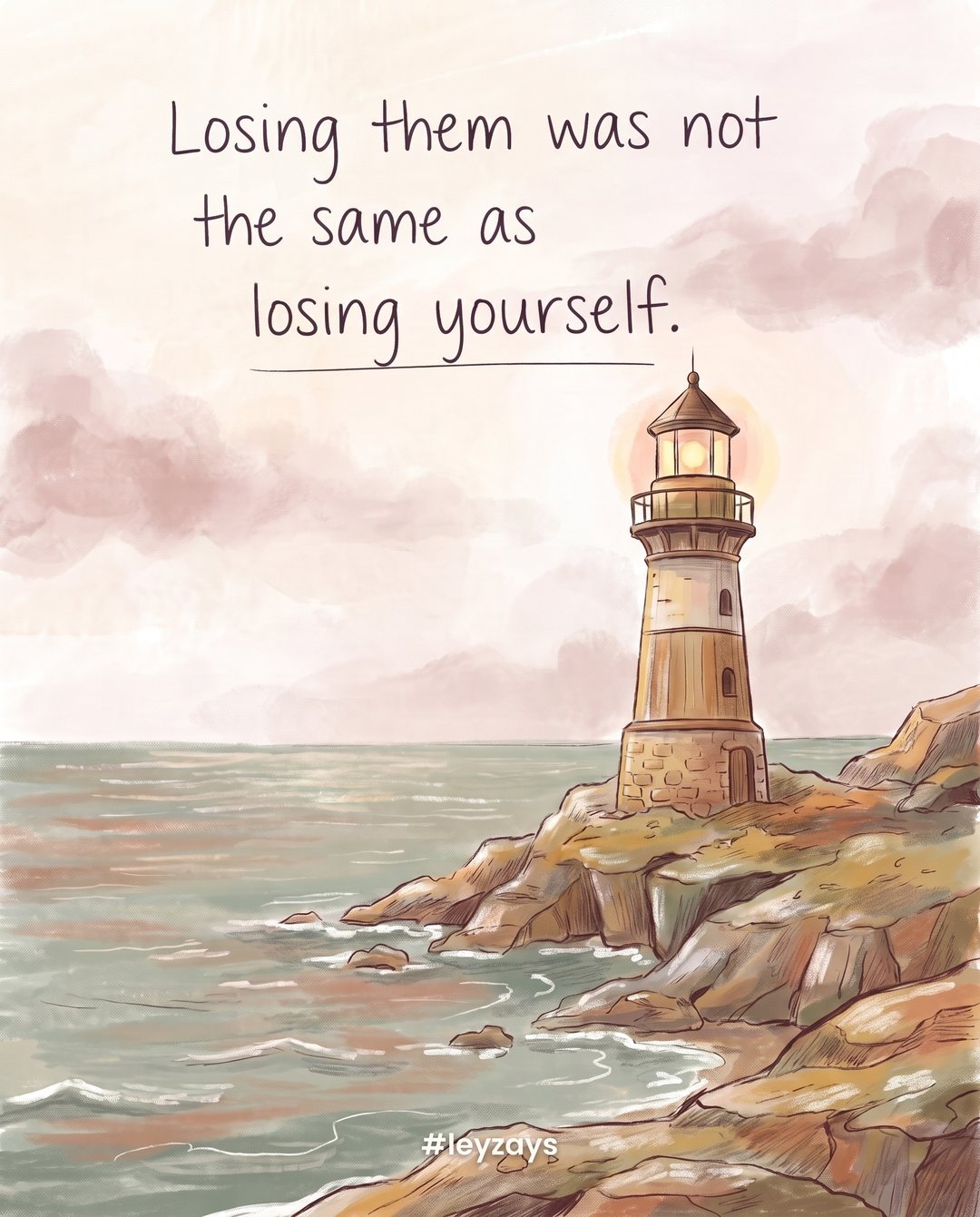 Illustration: A small lighthouse standing firm on a rocky shore after a storm, its light glowing steadily, calm sea returning.