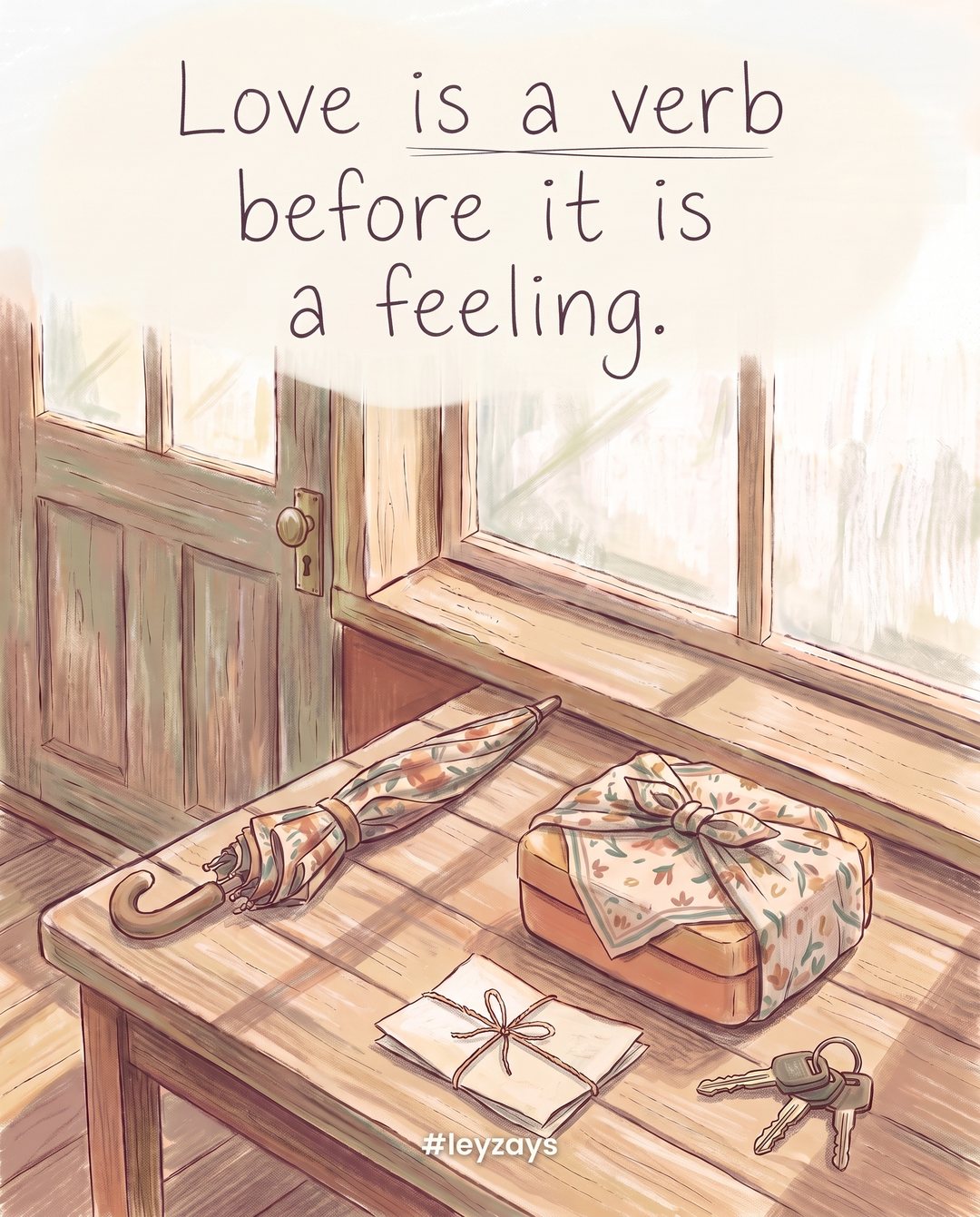 Illustration: A pair of hands' tools on a wooden table: an umbrella, a packed lunch box wrapped in cloth, a folded note and car keys, early morning light by the door.