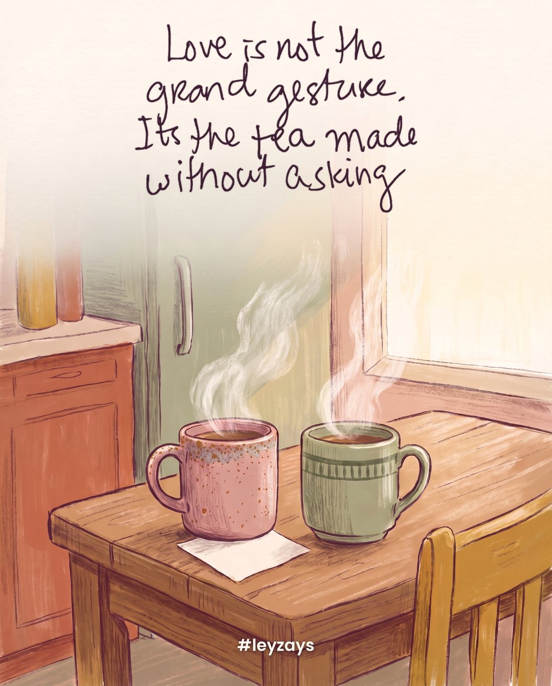 Illustration: Two mismatched ceramic mugs steaming on a wooden kitchen table at dawn, a small handwritten note tucked under one mug, soft window light.