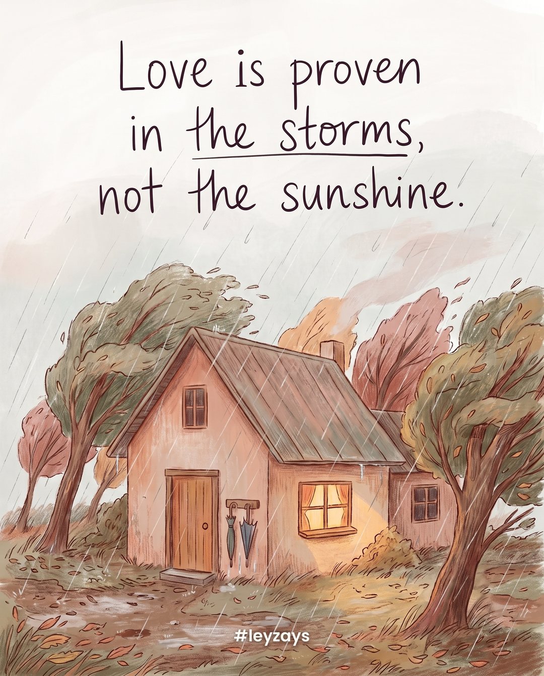 Illustration: A small house with one warm lit window during a heavy rainstorm at night, trees bending, two umbrellas hanging by the door.