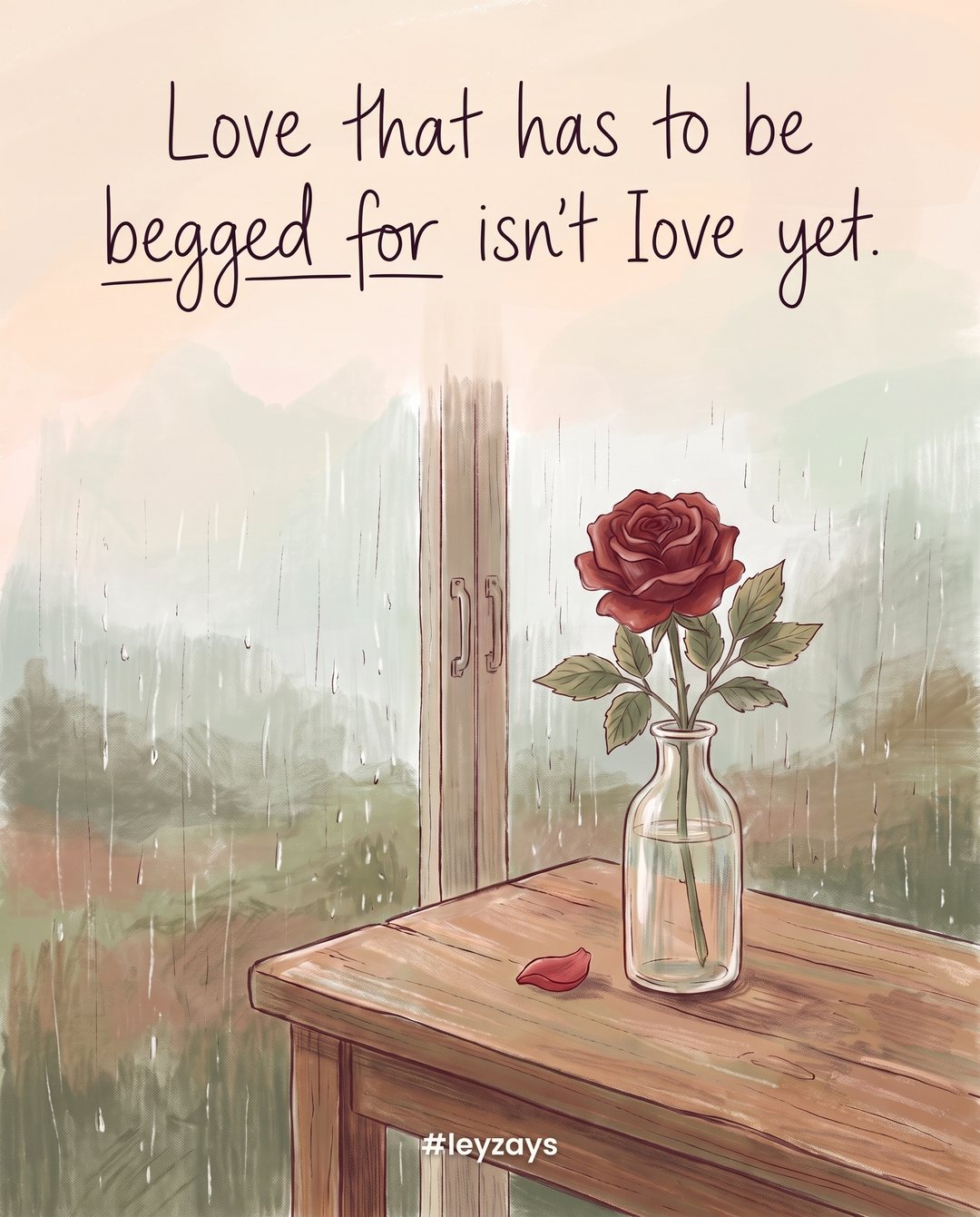 Illustration: A single red rose in a glass vase on a table by a closed window, rain outside, one petal fallen on the table.