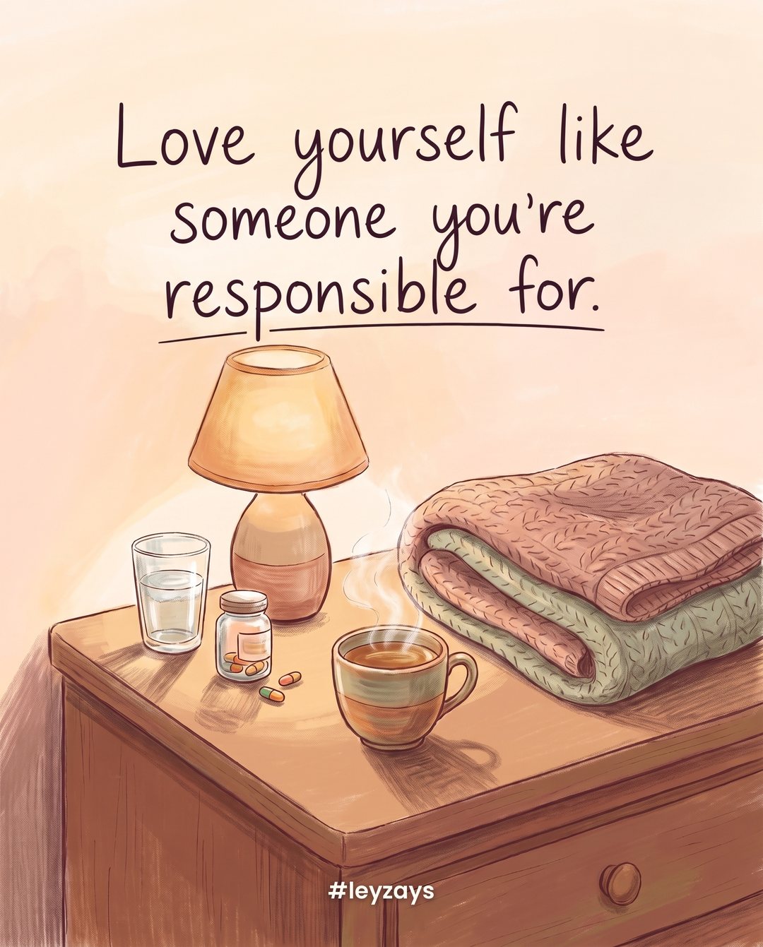 Illustration: A cozy bedside table with a glass of water, vitamins, a warm cup of tea, a folded blanket and a small lamp glowing, evening.