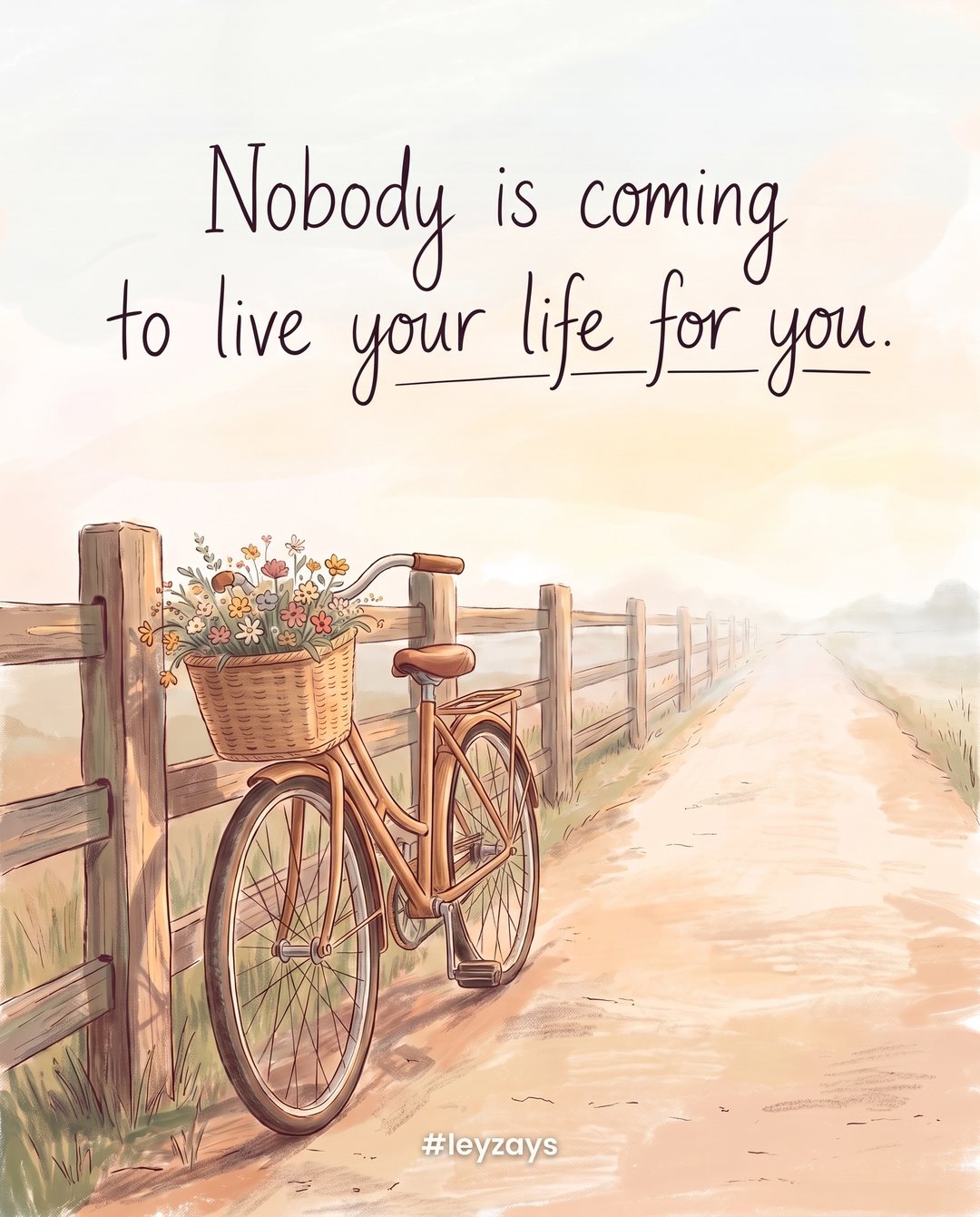 Illustration: An empty wooden bicycle leaning against a sunny country fence, a small basket of flowers on the front, an open road stretching ahead.