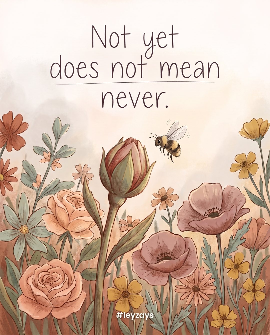 Illustration: A tightly closed flower bud on a stem among many blooming flowers in a sunny garden, a bee nearby.