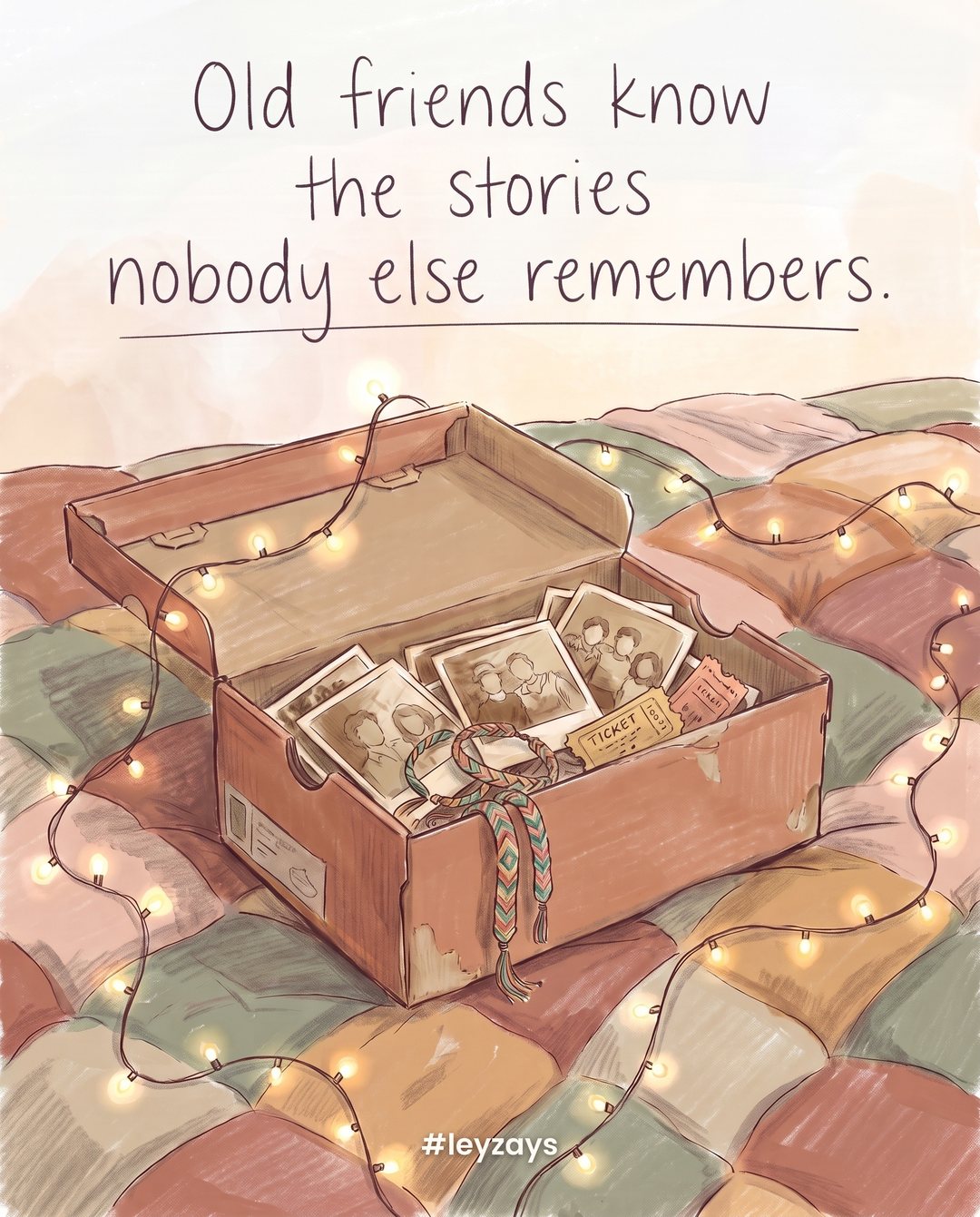 Illustration: An old shoebox full of photos, ticket stubs and friendship bracelets open on a bed, a string of fairy lights, soft afternoon light.