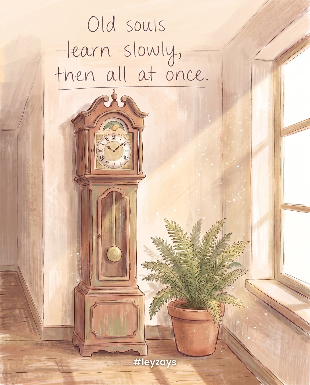 Illustration: An old wooden grandfather clock in a quiet sunlit hallway, a potted fern, dust floating in a warm beam of light.