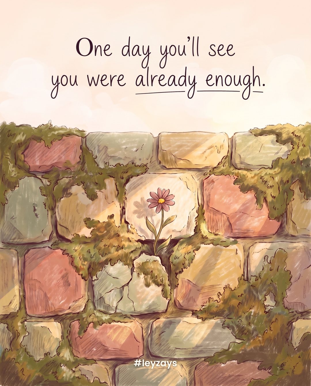 Illustration: A single small wildflower growing out of a crack in an old stone wall, warm sunlight falling on it, moss around the stones.