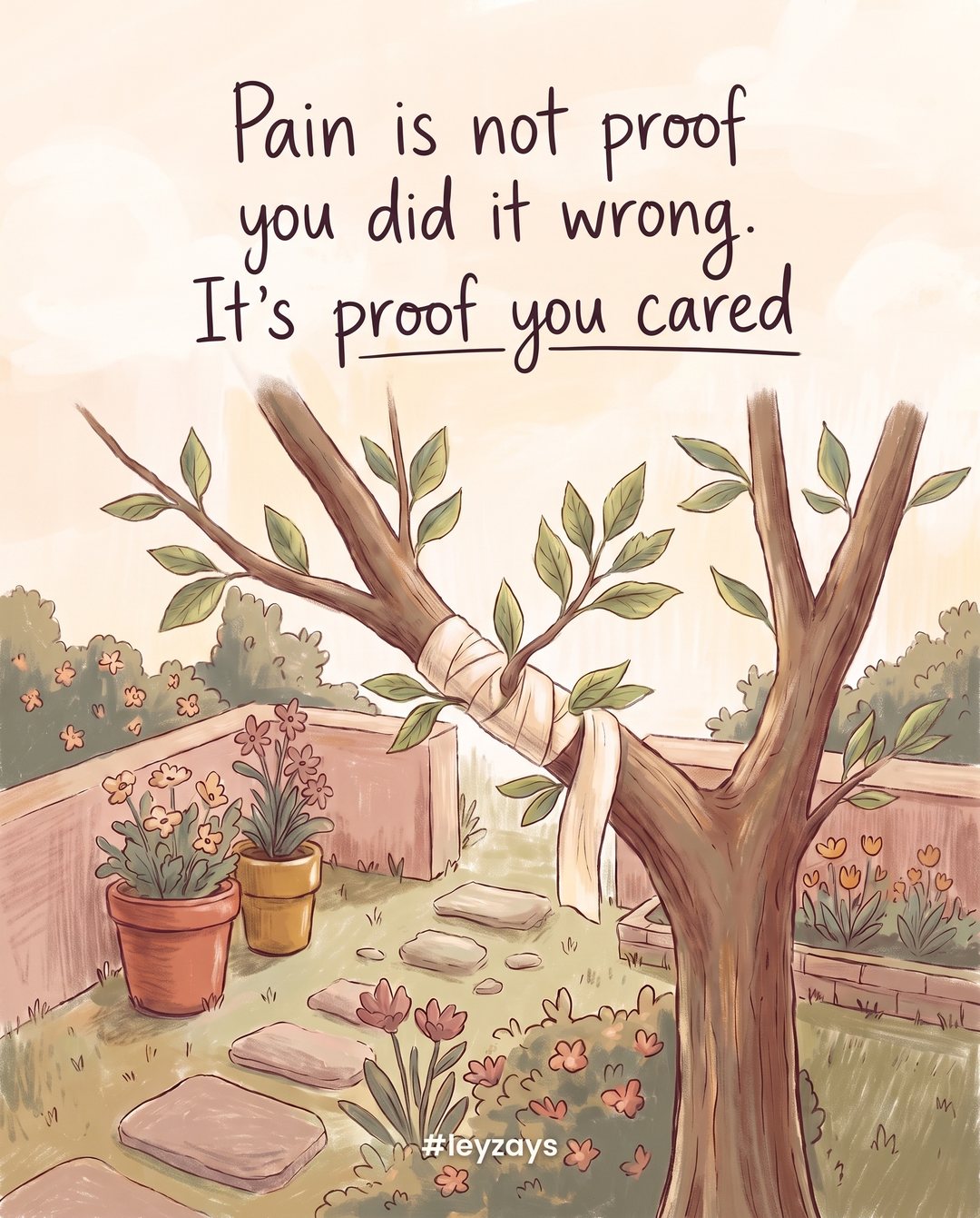 Illustration: A young tree with one branch gently wrapped in a strip of cloth like a bandage, fresh green leaves sprouting from it, soft morning light in a quiet garden.