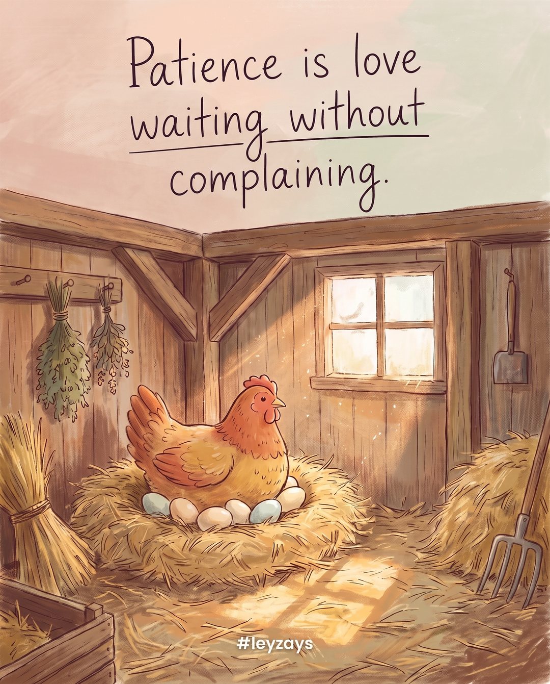 Illustration: A mother hen sitting on a nest of eggs in a cozy straw barn with warm light through a small window.