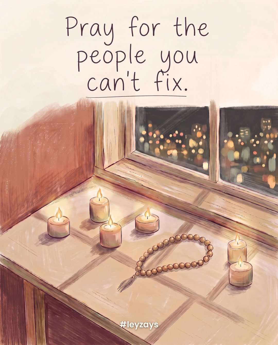 Illustration: A windowsill at night with several small candles lit side by side, a string of wooden prayer beads, city lights twinkling softly beyond.