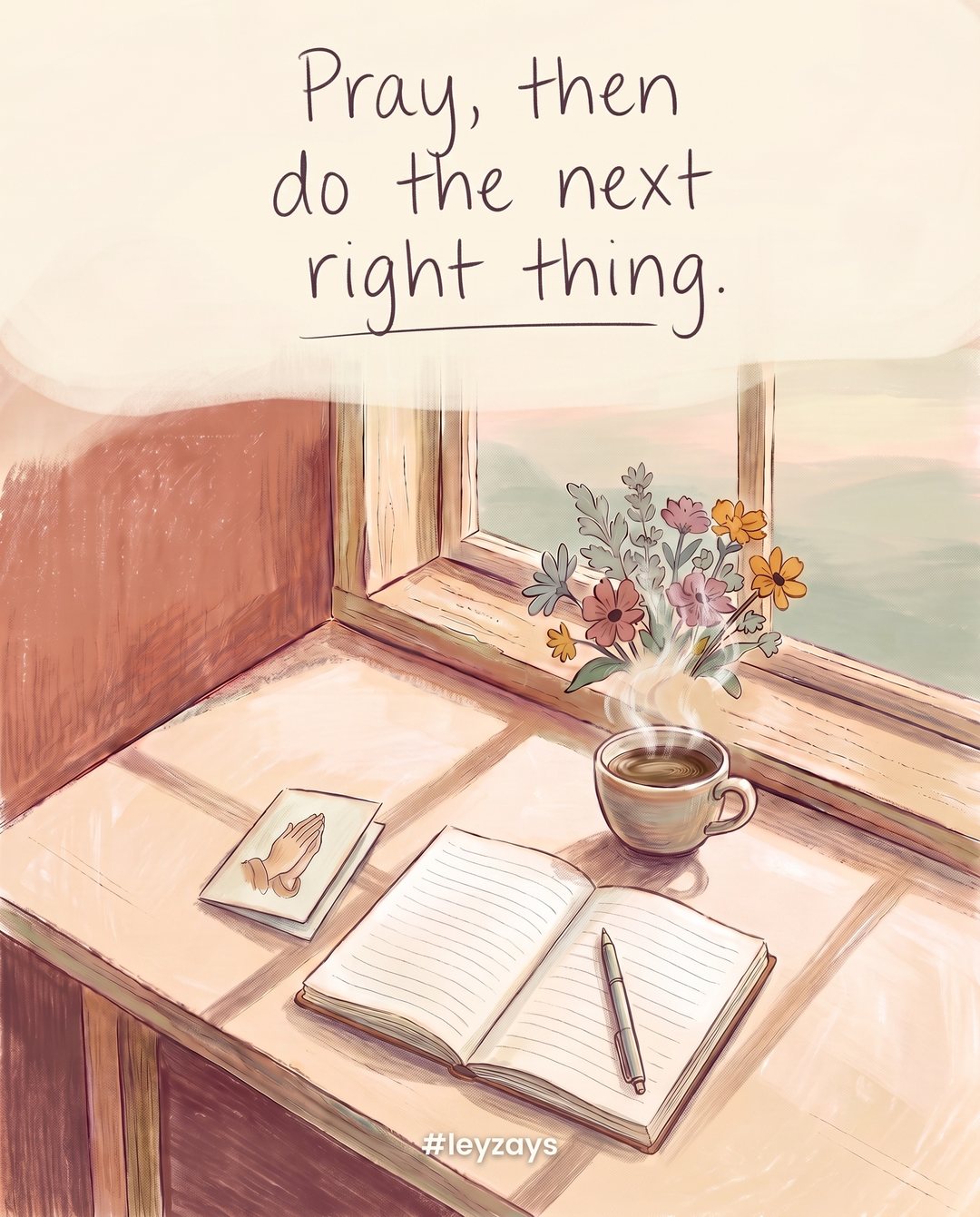 Illustration: A small kitchen table in the early morning with folded hands' prayer card, a steaming cup of coffee, a to-do list notebook and a pen, sunrise through the window (no people).