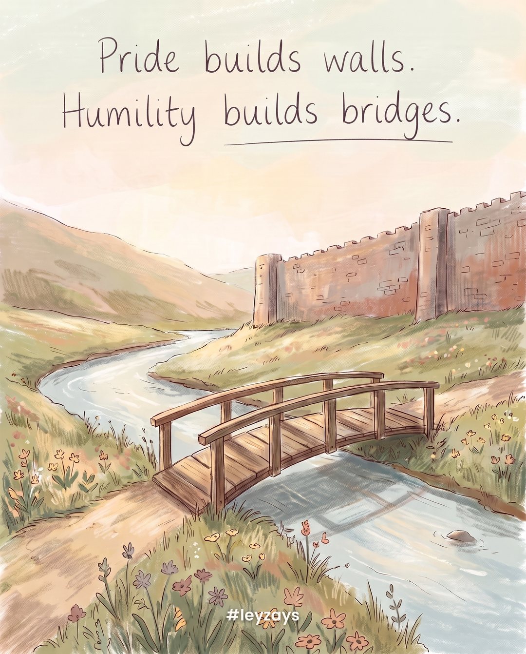 Illustration: A small wooden bridge connecting two grassy riverbanks in a peaceful valley, a tall stone wall visible in the distance, afternoon sunshine.