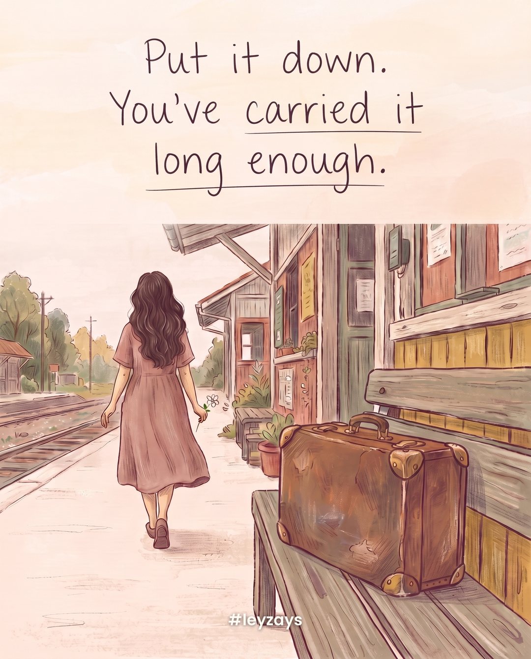 Illustration: An old heavy leather suitcase left on a wooden bench at a quiet provincial train station, a woman with long wavy dark hair walking away lightly holding a single flower.