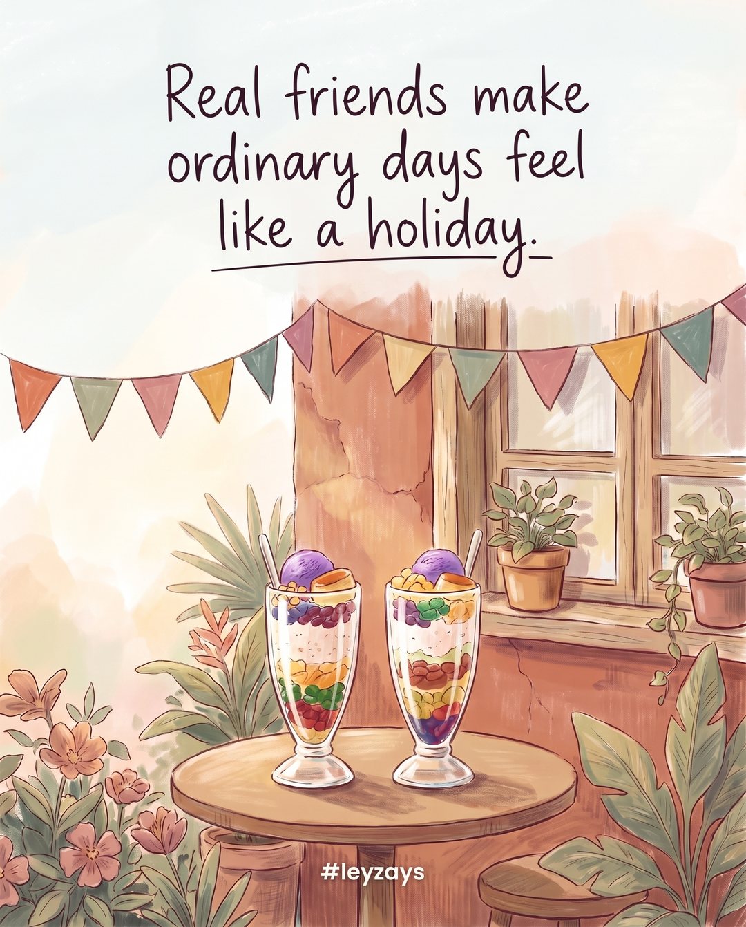 Illustration: Two cups of halo-halo on a small table at a street corner café, colorful bunting overhead, a sunny tropical afternoon, no people.