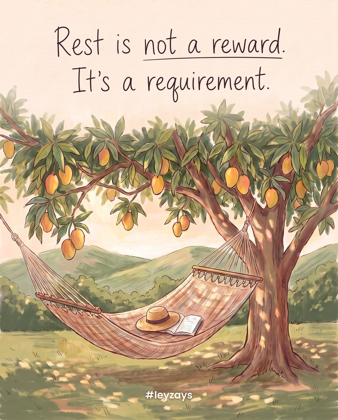 Illustration: An empty woven hammock gently swaying under a mango tree, a straw hat and an open book resting in it, dappled afternoon sunlight, green hills beyond.