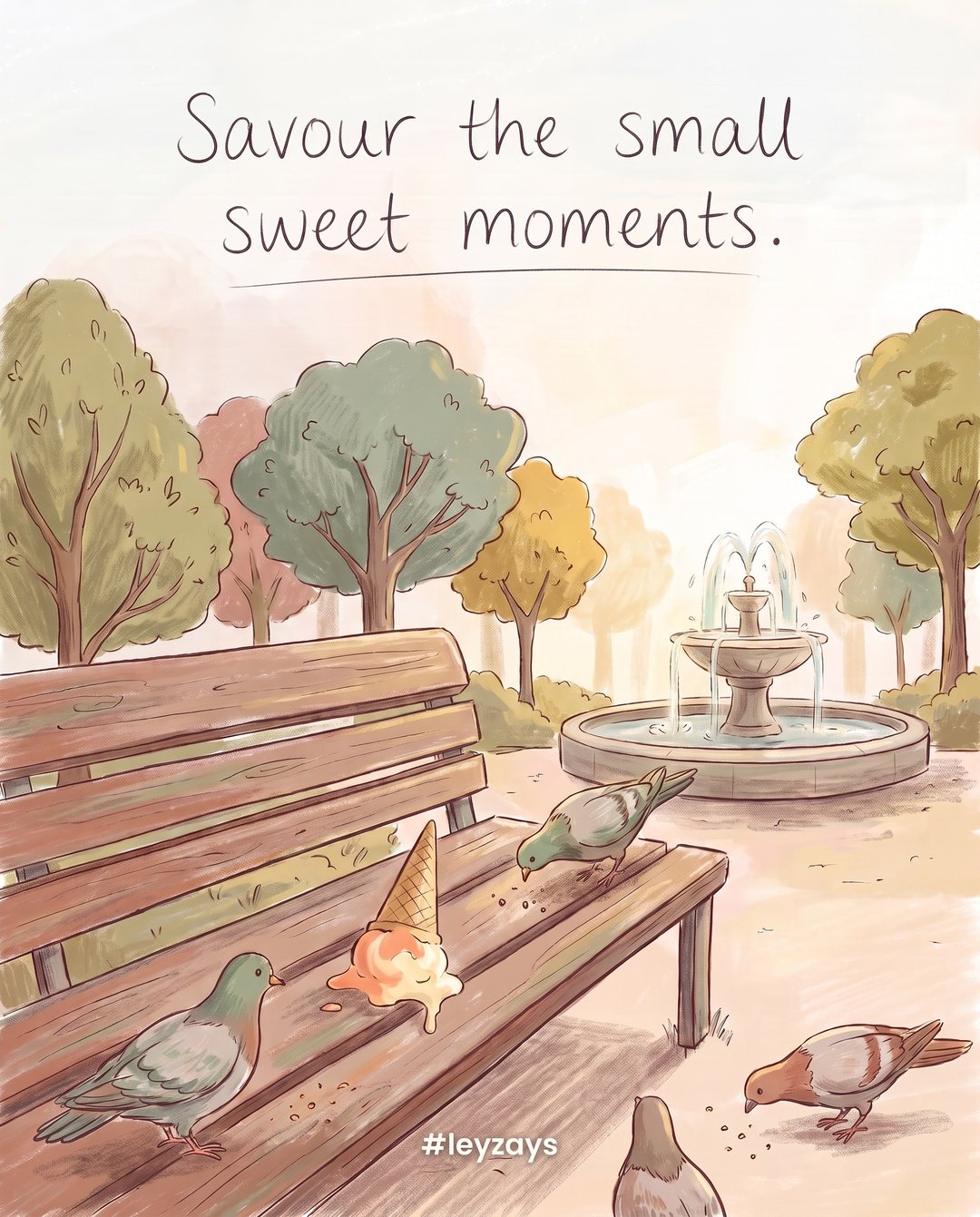 Illustration: A child's small hand-sized ice cream cone melting slightly on a bench in a sunny park, pigeons nearby, trees and a fountain in the background (no people).