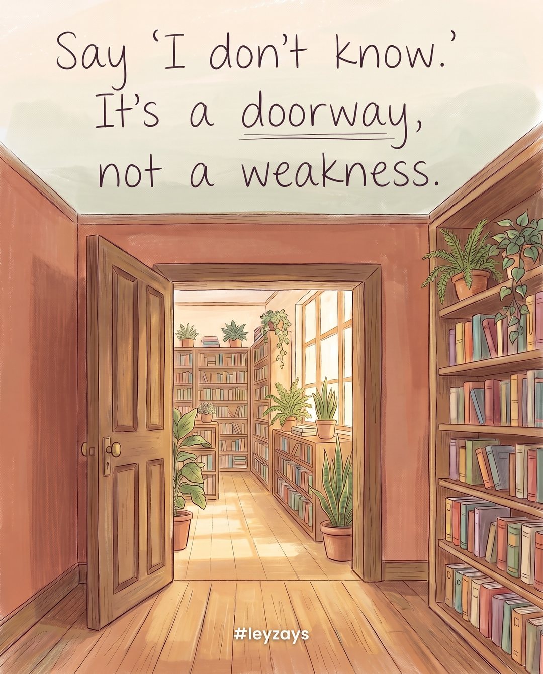 Illustration: An open wooden door at the end of a sunlit hallway leading into a bright library full of books and plants.
