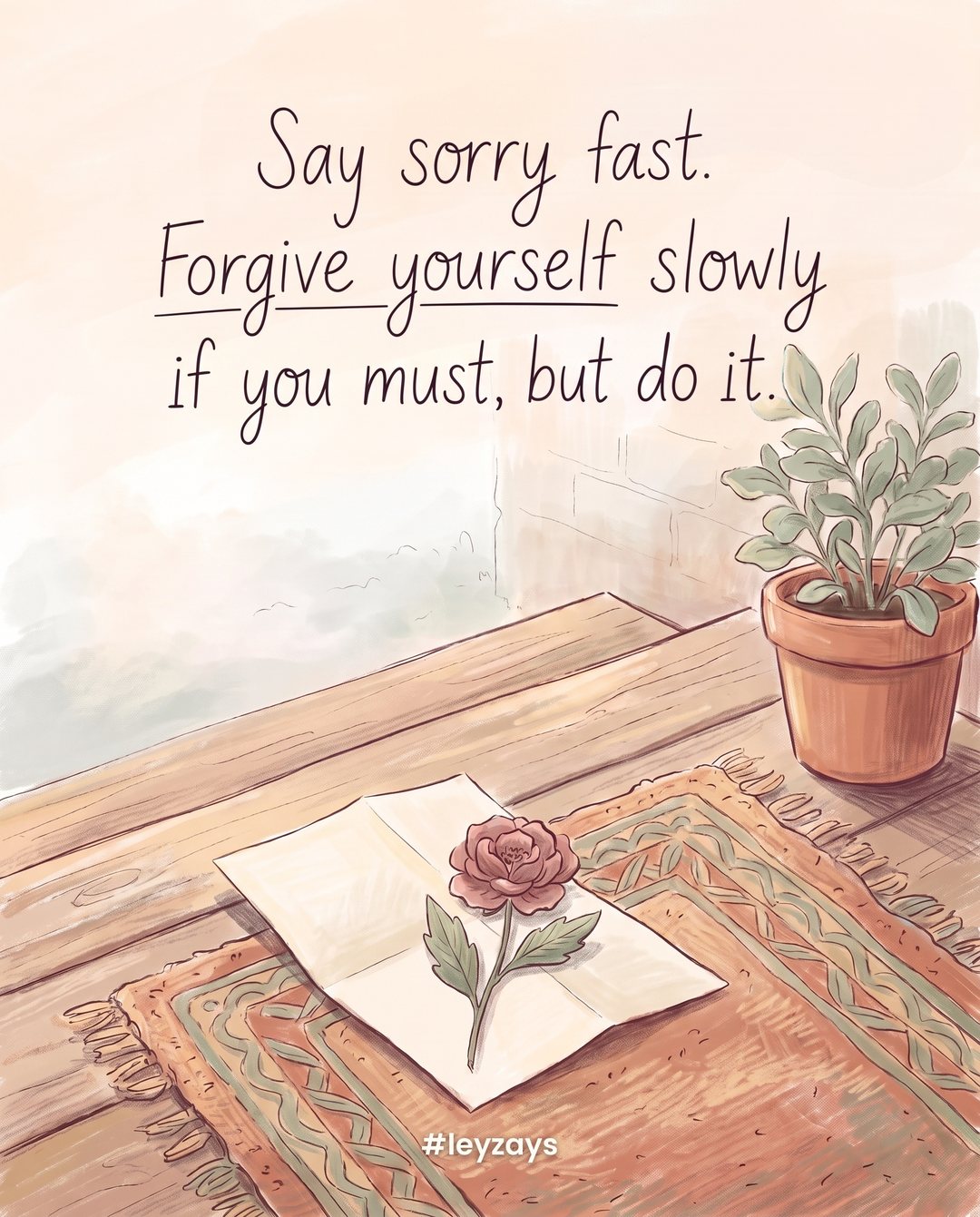 Illustration: A small paper note folded on a doorstep with a single flower on top, morning light, a welcome mat and a potted plant.