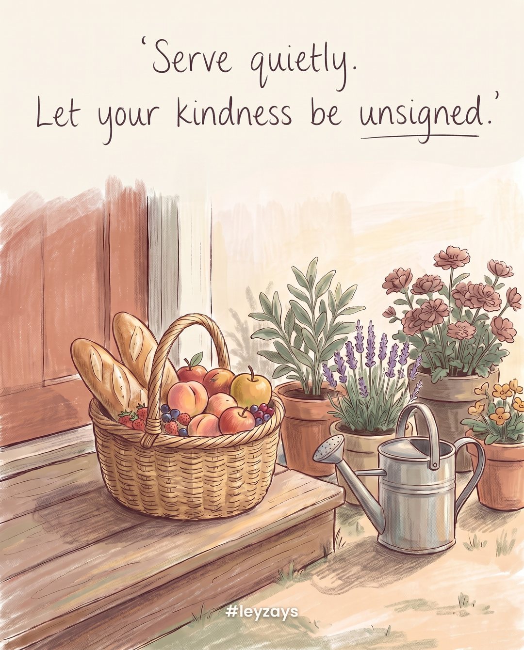 Illustration: A basket of fresh bread and fruit left at a neighbor's door with no note, early morning light, a watering can and plants beside the step.