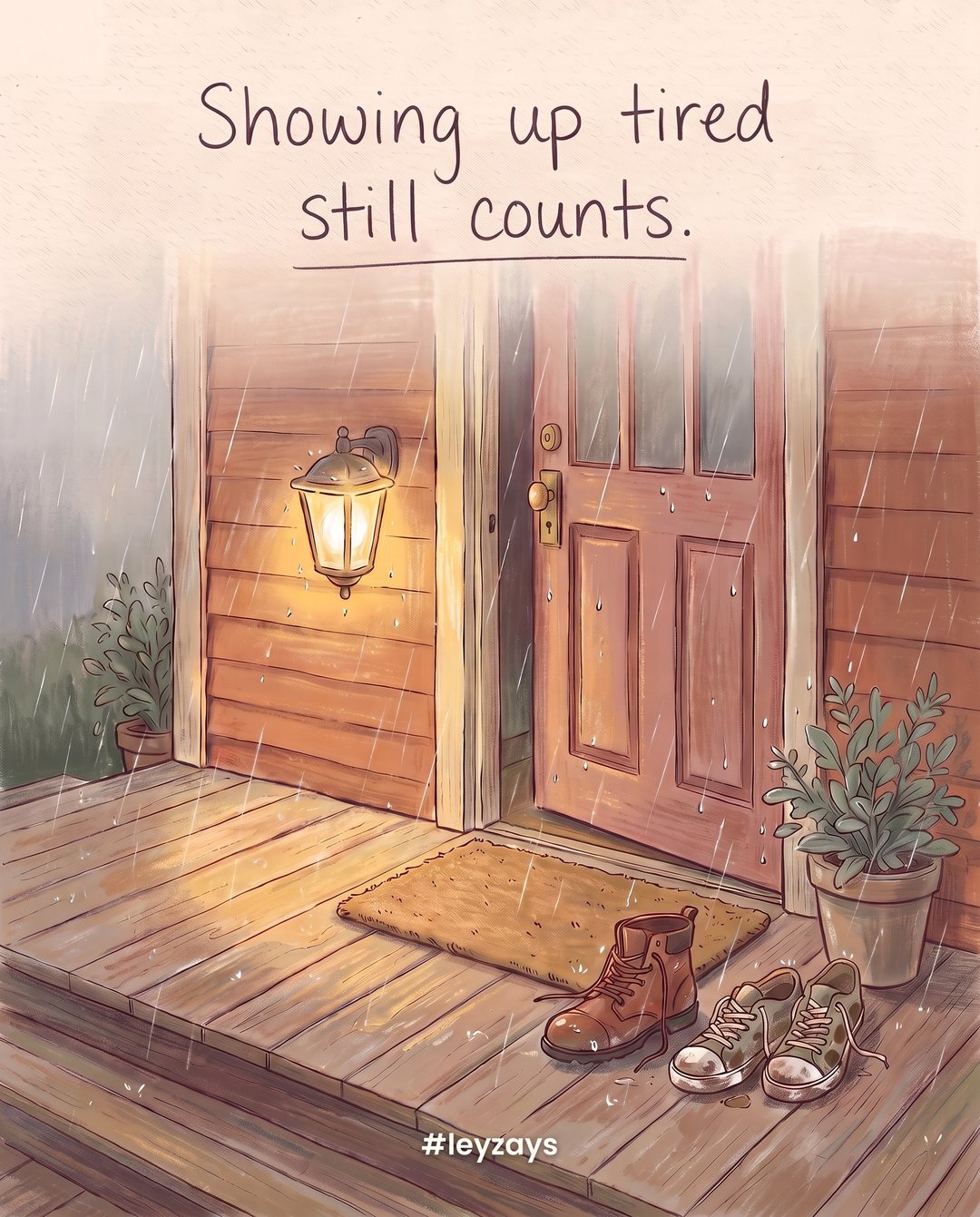 Illustration: A warm porch lamp glowing at dusk beside a slightly open front door, a doormat and a pair of worn shoes, light rain falling.