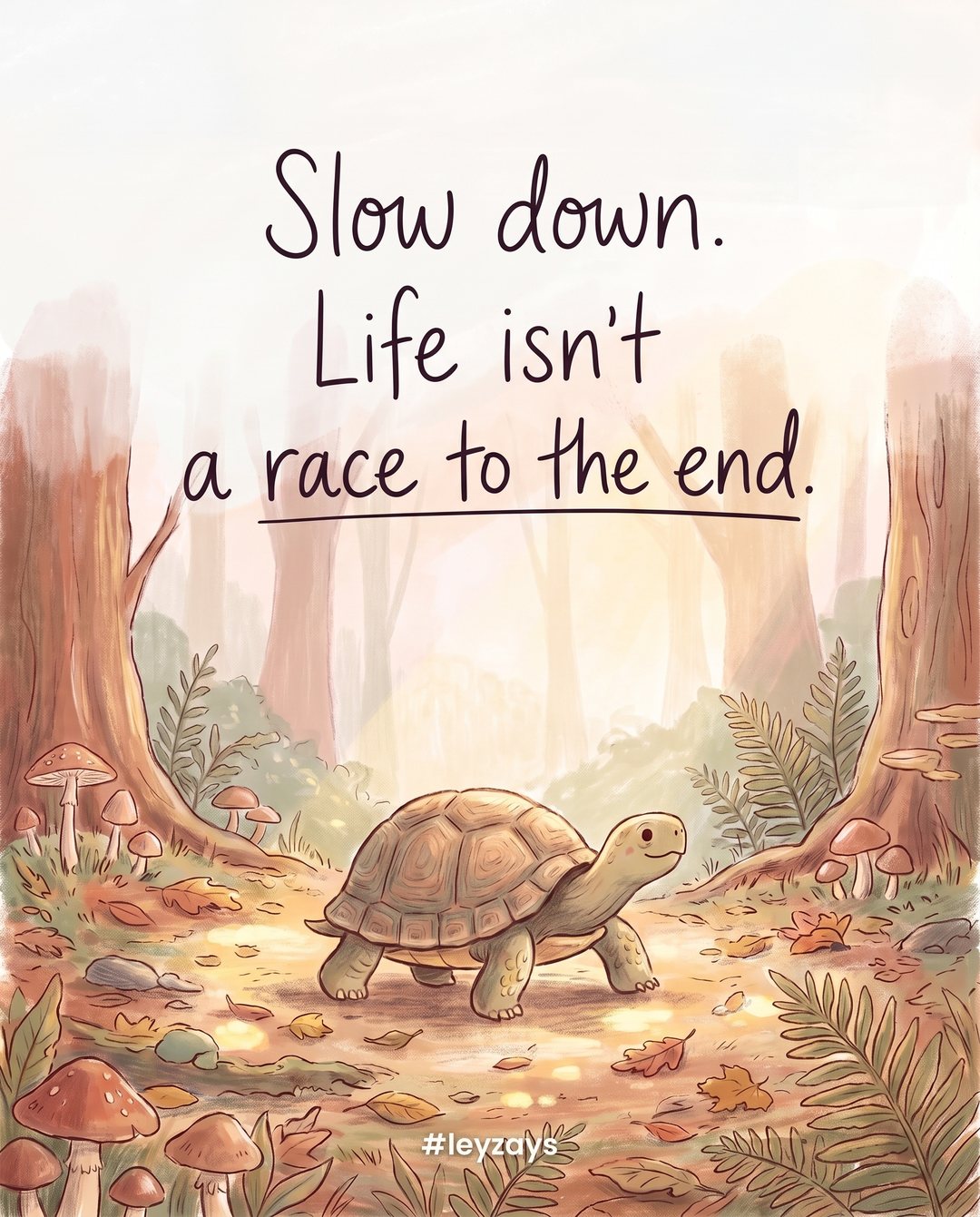 Illustration: A turtle walking along a sunlit forest path strewn with flowers and fallen leaves, mushrooms and ferns along the way.