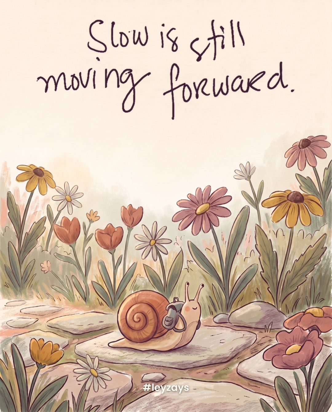 Illustration: A small snail wearing a tiny backpack crawling along a garden stone path, flowers blooming behind it, morning light.