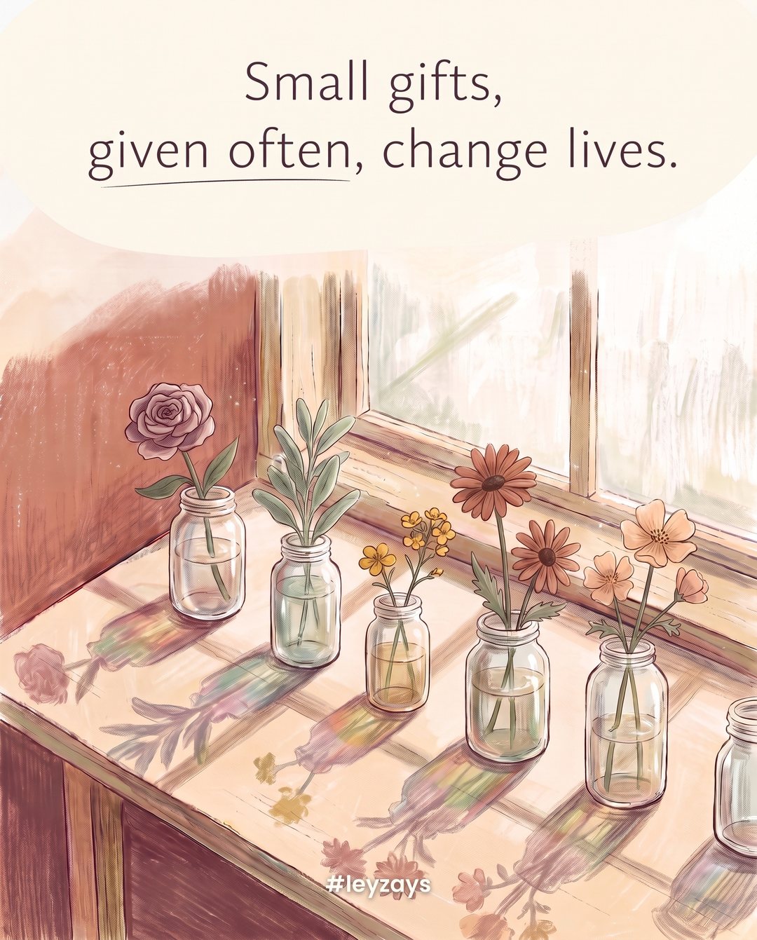 Illustration: A row of small glass jars on a windowsill, each holding a single flower, sunlight streaming through, casting colorful shadows.