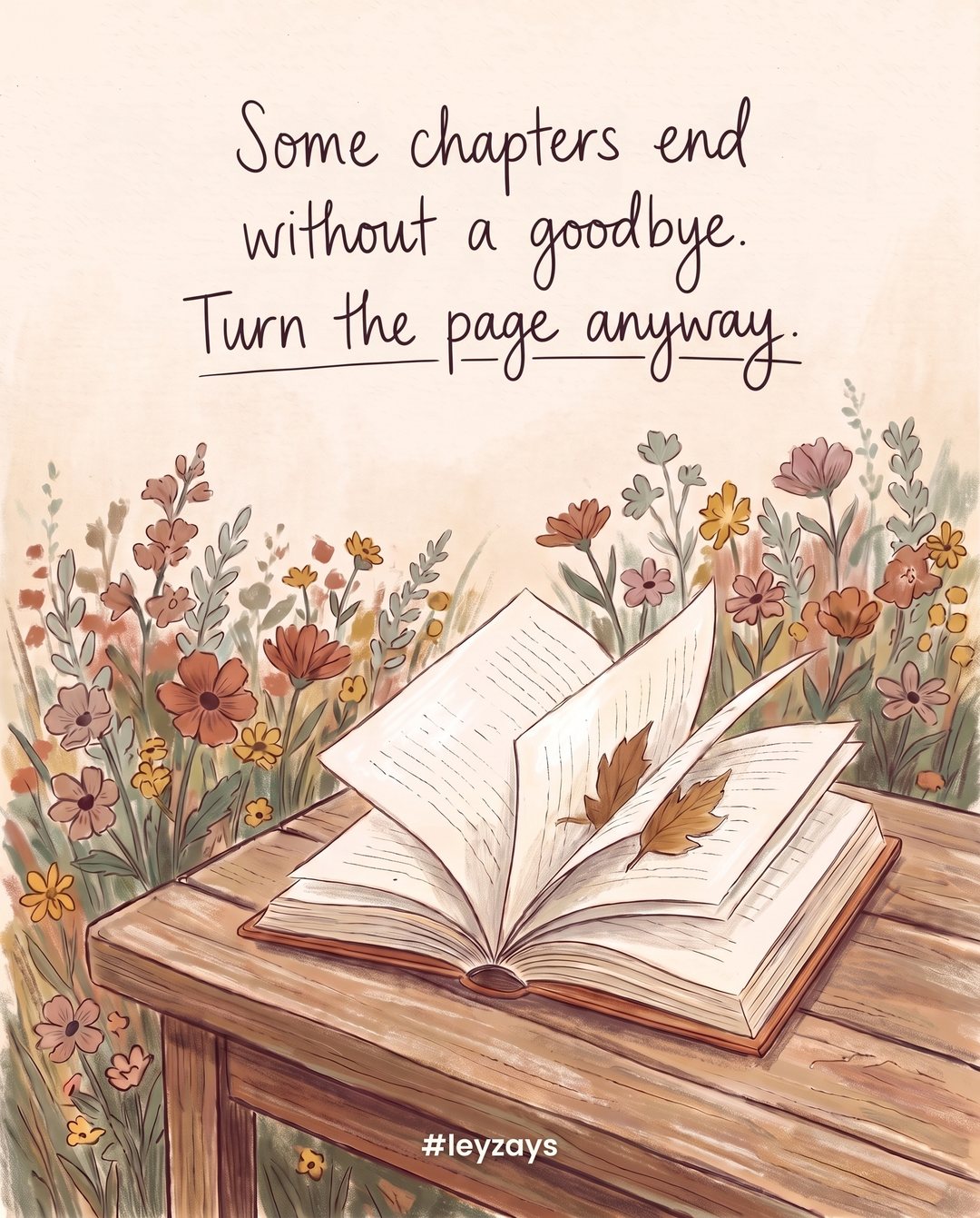 Illustration: An open book on a garden table with the wind lifting and turning its pages, a pressed leaf between them, blurred flowers behind (no readable text).