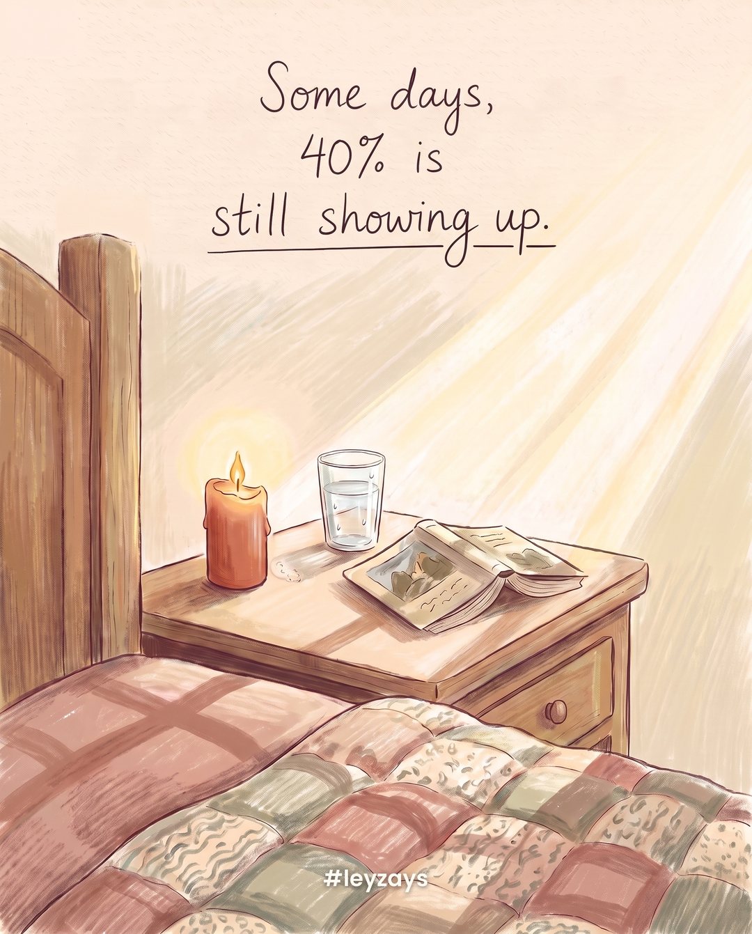 Illustration: A candle burned halfway down, still glowing warmly on a bedside table beside a glass of water and a half-read book, early morning light.