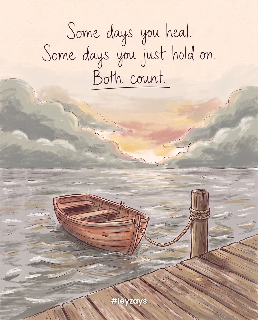 Illustration: A small wooden boat tied firmly to a dock on grey, choppy water, the rope holding, light breaking through the clouds on the horizon.