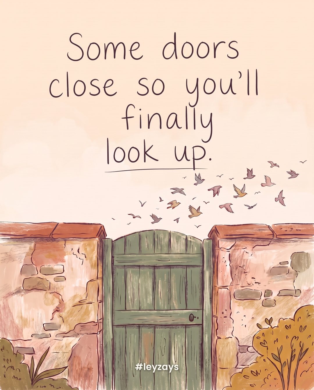 Illustration: A closed weathered green wooden garden door in a stone wall, with a wide open sky full of flying birds above it.