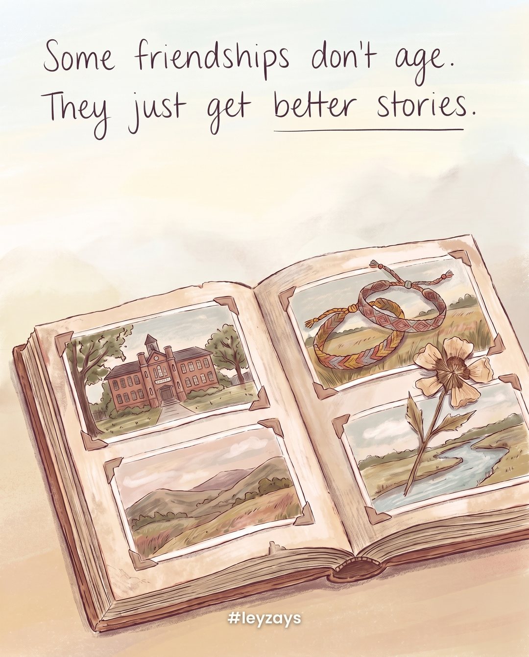 Illustration: An old school photo album lying open with photos of landscapes and a school building (no people), two faded friendship bracelets and a pressed flower on the page.