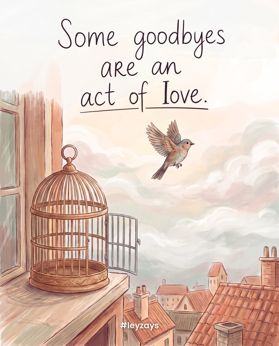 Illustration: An open birdcage on a windowsill with its door open, a small bird flying out into a pastel sky over the rooftops.