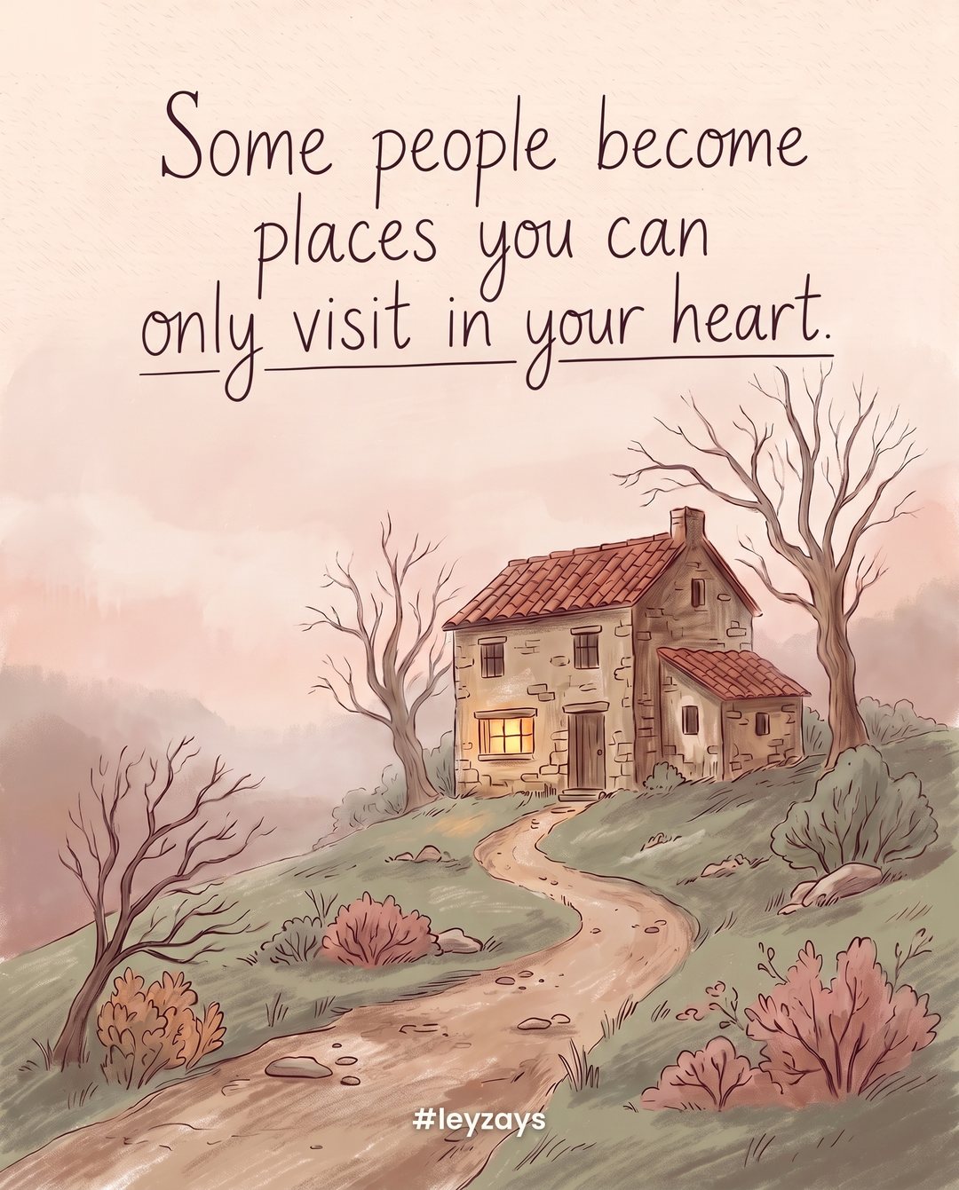 Illustration: An old stone house on a hill seen through soft mist at dusk, a single warm lit window, a winding path leading up to it.