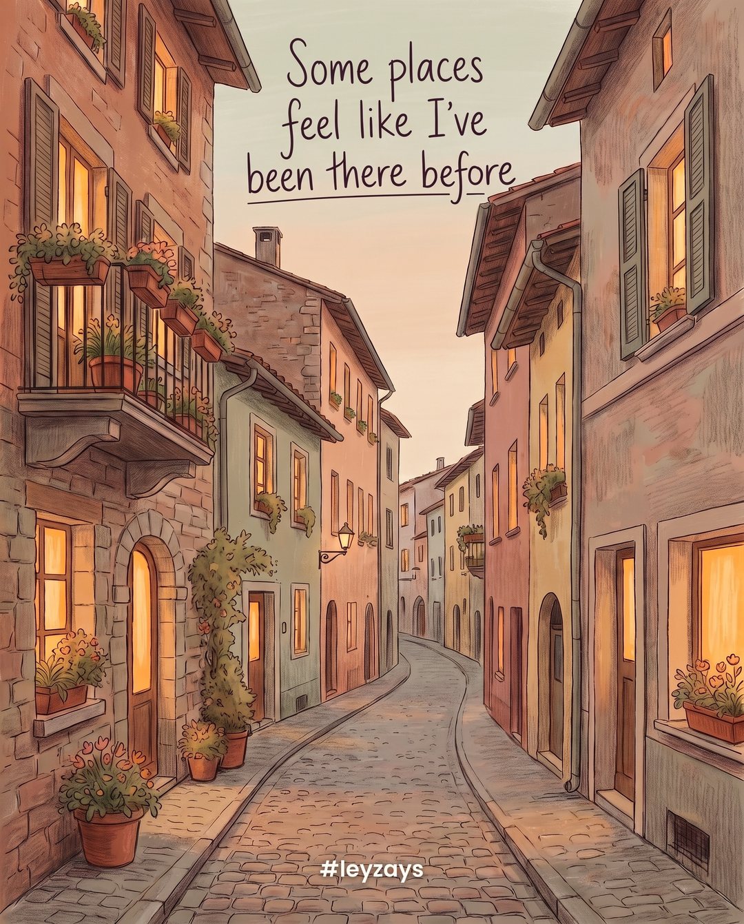 Illustration: A narrow cobblestone street in an old town at dusk, warm window lights, flower pots on the balconies, a quiet lane curving out of sight.