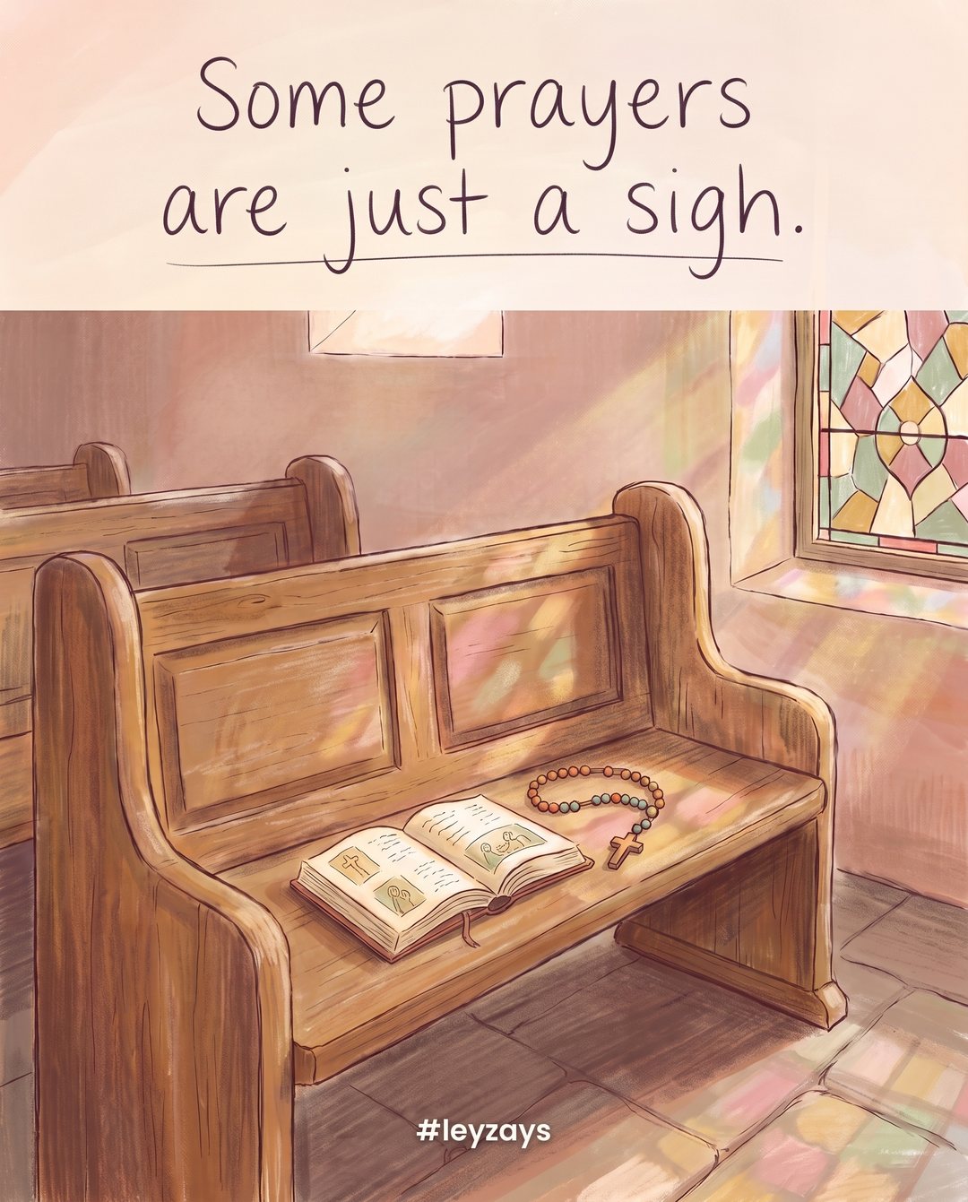 Illustration: A quiet chapel pew with an open prayer book and a rosary resting on it, soft colored light falling through a stained-glass window, no people.
