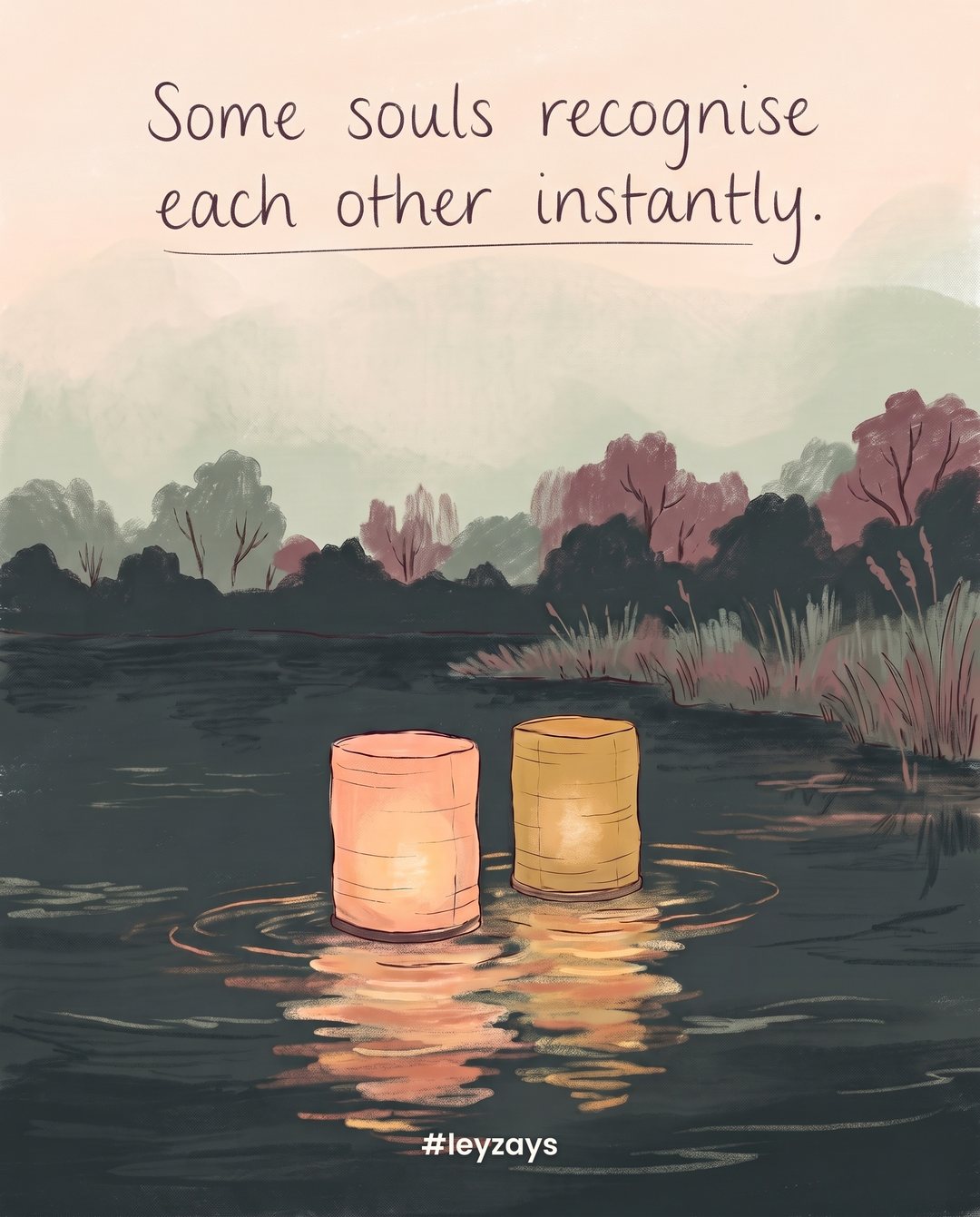 Illustration: Two paper lanterns floating close together on a dark calm river at night, their warm reflections touching on the water.