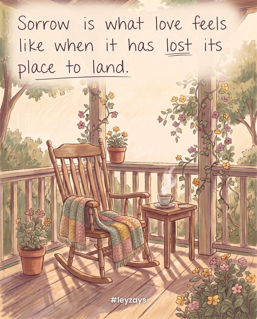 Illustration: An empty wooden rocking chair on a porch with a folded knitted blanket on the seat and a cup of tea going cold on a side table, late afternoon light.