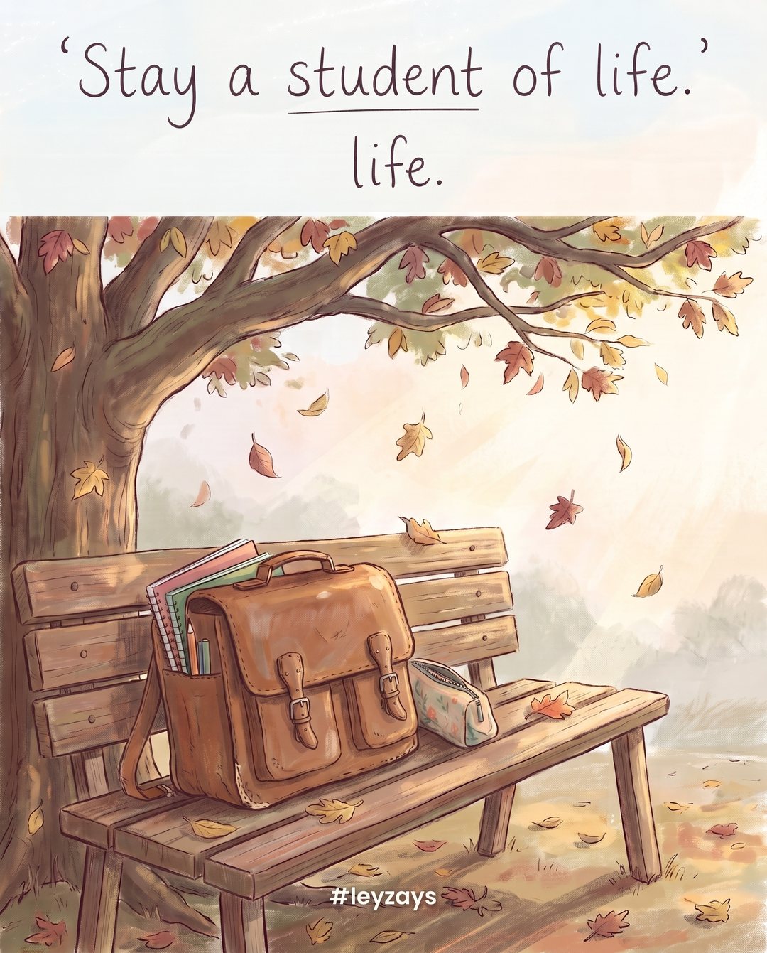 Illustration: An old leather school bag resting on a bench under a large shady tree, notebooks and a pencil case peeking out, leaves falling, afternoon light.
