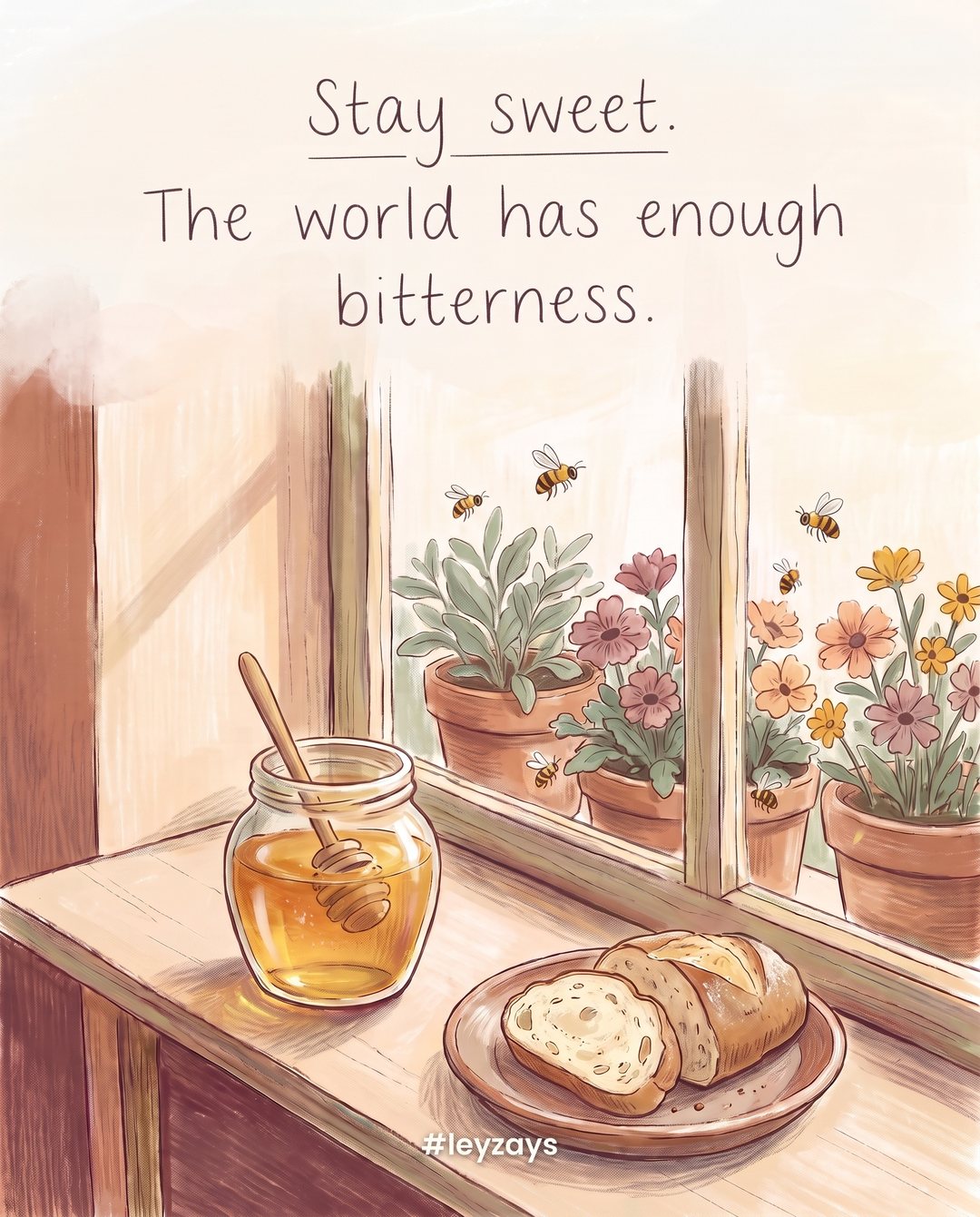 Illustration: A jar of golden honey with a wooden dipper on a sunny kitchen windowsill, a small plate of bread, bees buzzing near potted flowers outside.