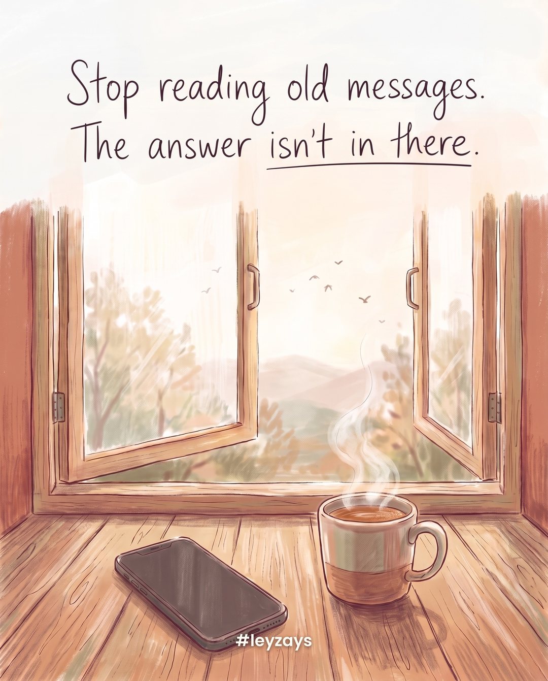 Illustration: A phone lying face down on a wooden table beside a steaming cup of tea and an open window with morning light and birds outside.