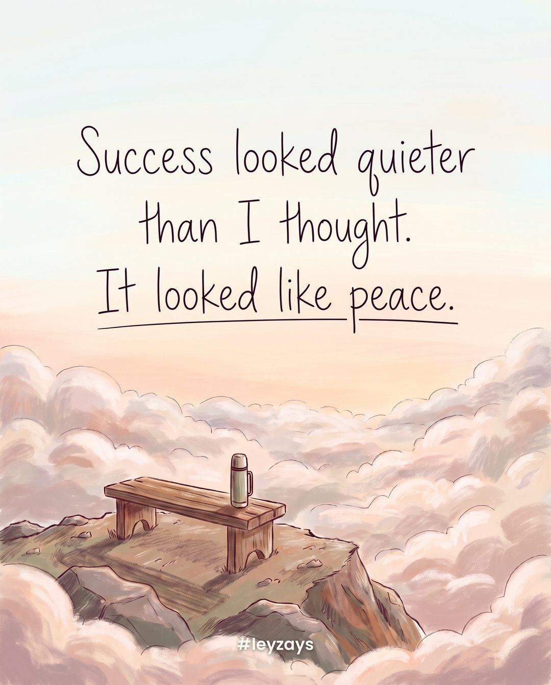 Illustration: A small mountain summit at early morning with a single wooden bench and a thermos resting on it, a sea of soft clouds below, pale sunrise.