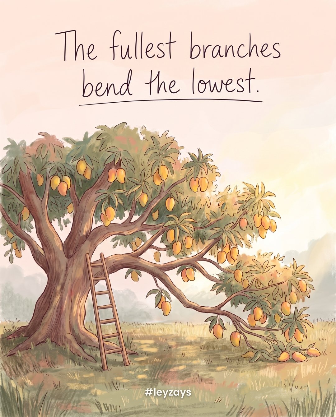Illustration: A mango tree with branches heavy with ripe fruit bending low toward the grass, a small ladder leaning against the trunk, warm afternoon light.