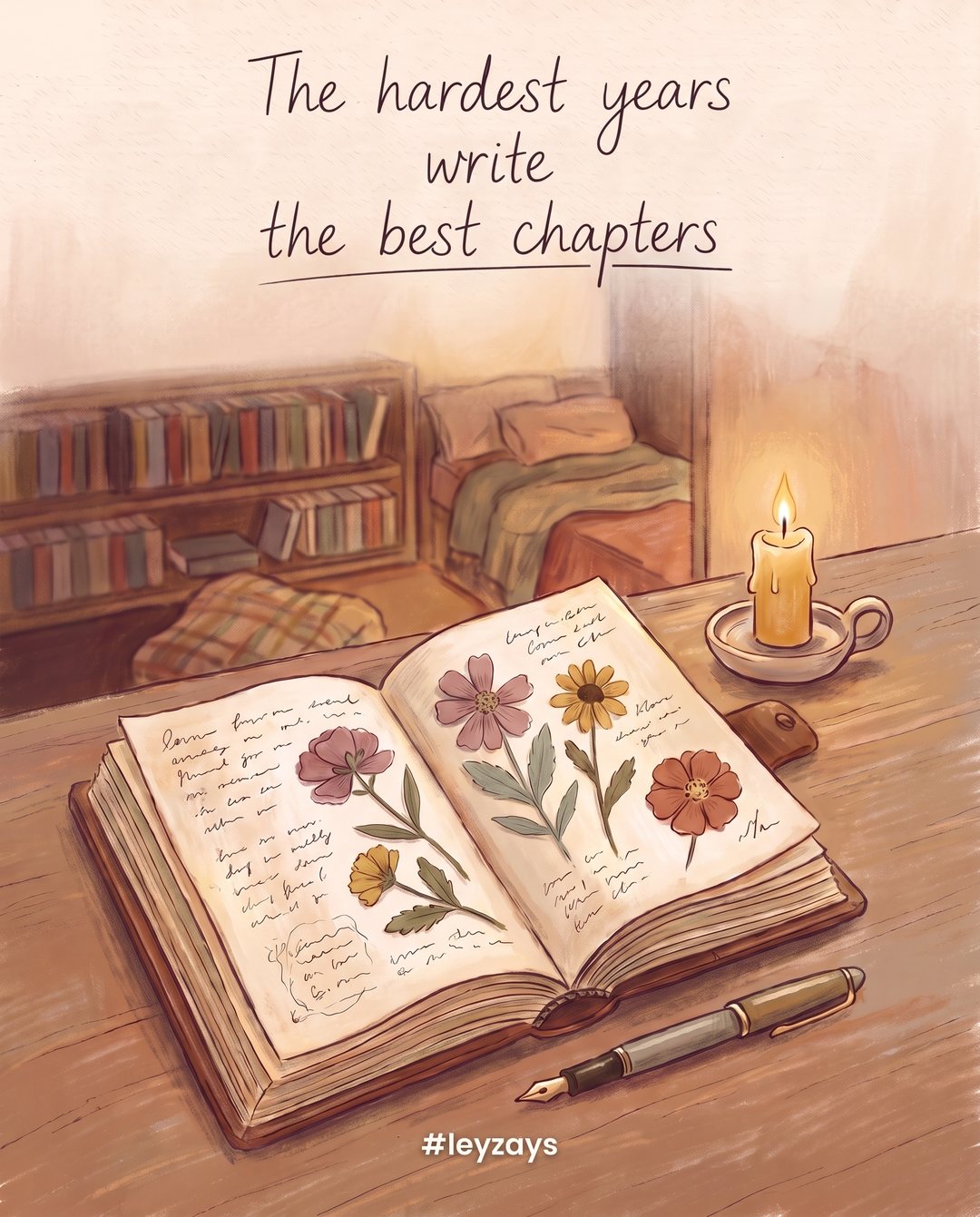 Illustration: An old open journal with handwritten-looking scribbles (no readable words), pressed flowers between the pages, a fountain pen and a small candle, cozy year-end evening.