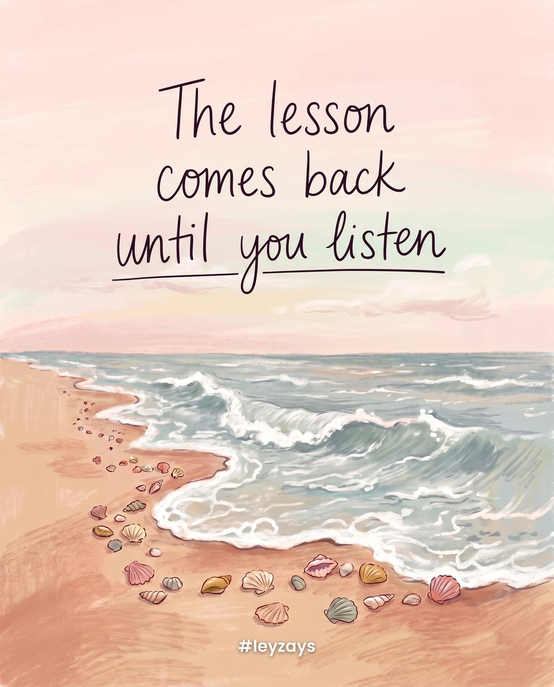 Illustration: Soft ocean waves washing onto a sandy shore, each wave leaving a small seashell behind, a line of shells along the waterline, pastel sky.