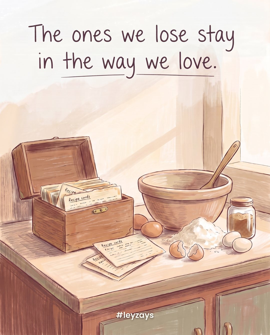 Illustration: An old recipe box open on a kitchen counter beside a mixing bowl, flour, eggs and a wooden spoon, warm afternoon light, no people.