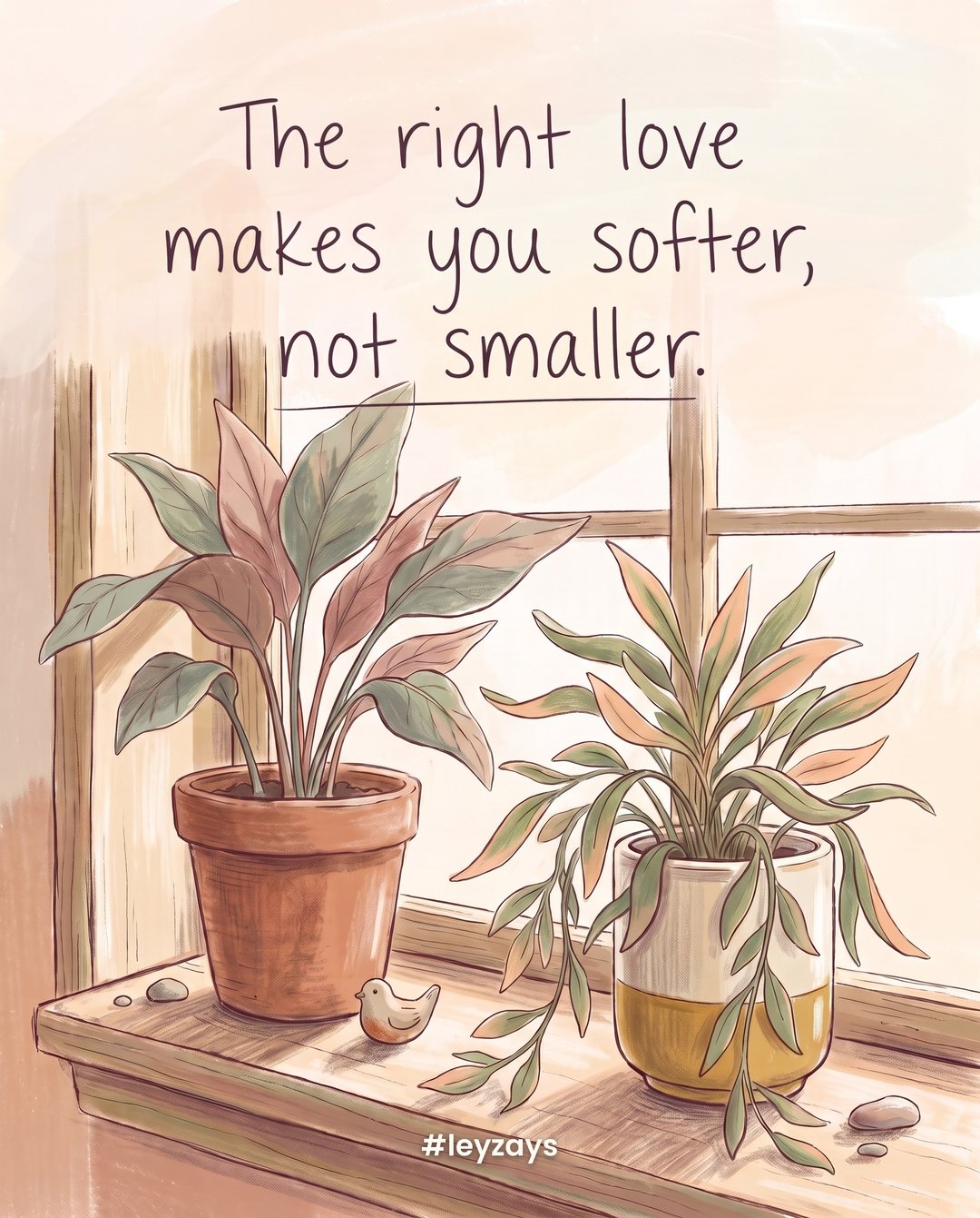 Illustration: Two potted plants side by side on a sunny windowsill, their leaves gently leaning toward each other, both growing tall and healthy.