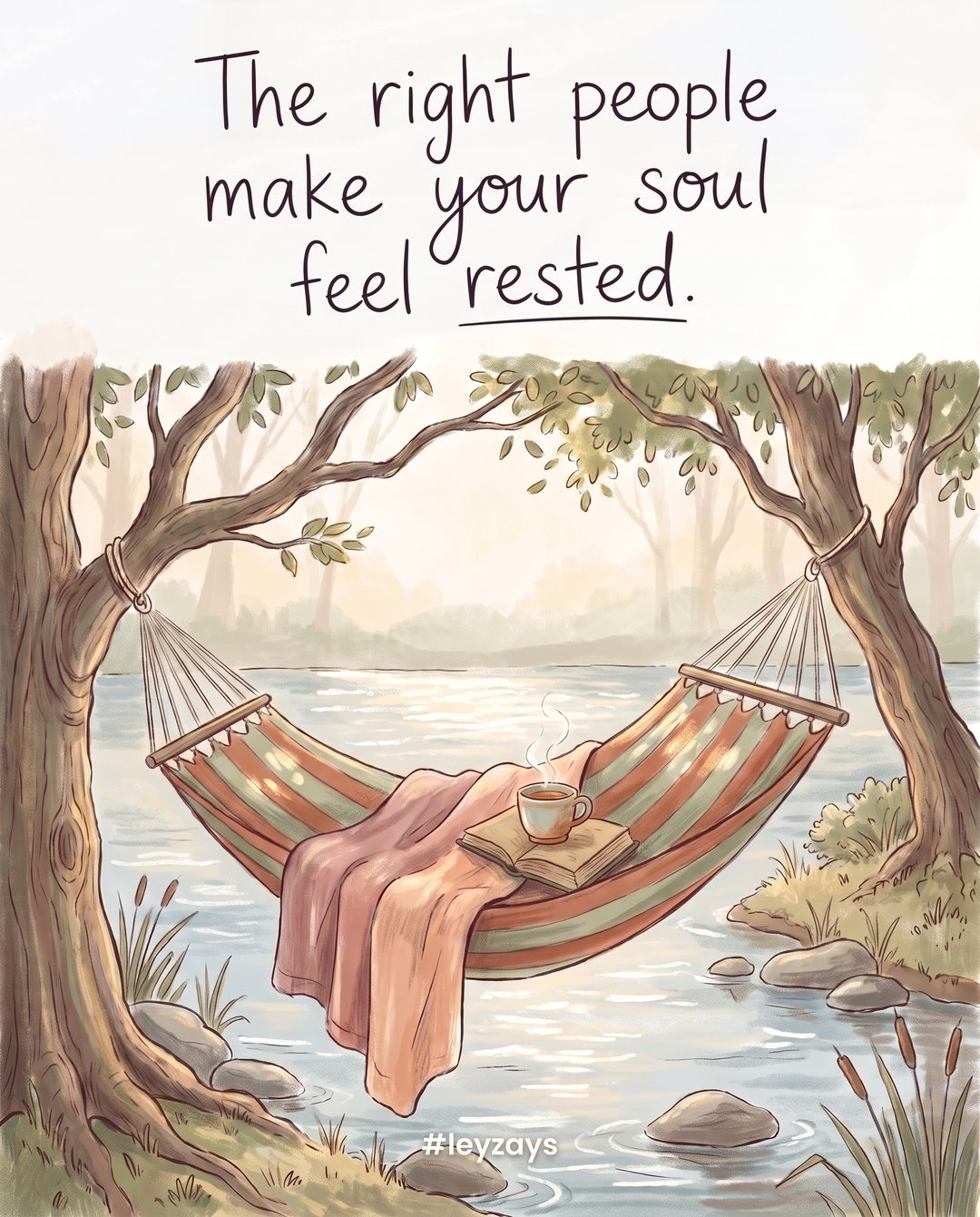 Illustration: A hammock strung between two trees by a gentle river, a soft blanket, a book and a cup of tea, dappled sunlight.