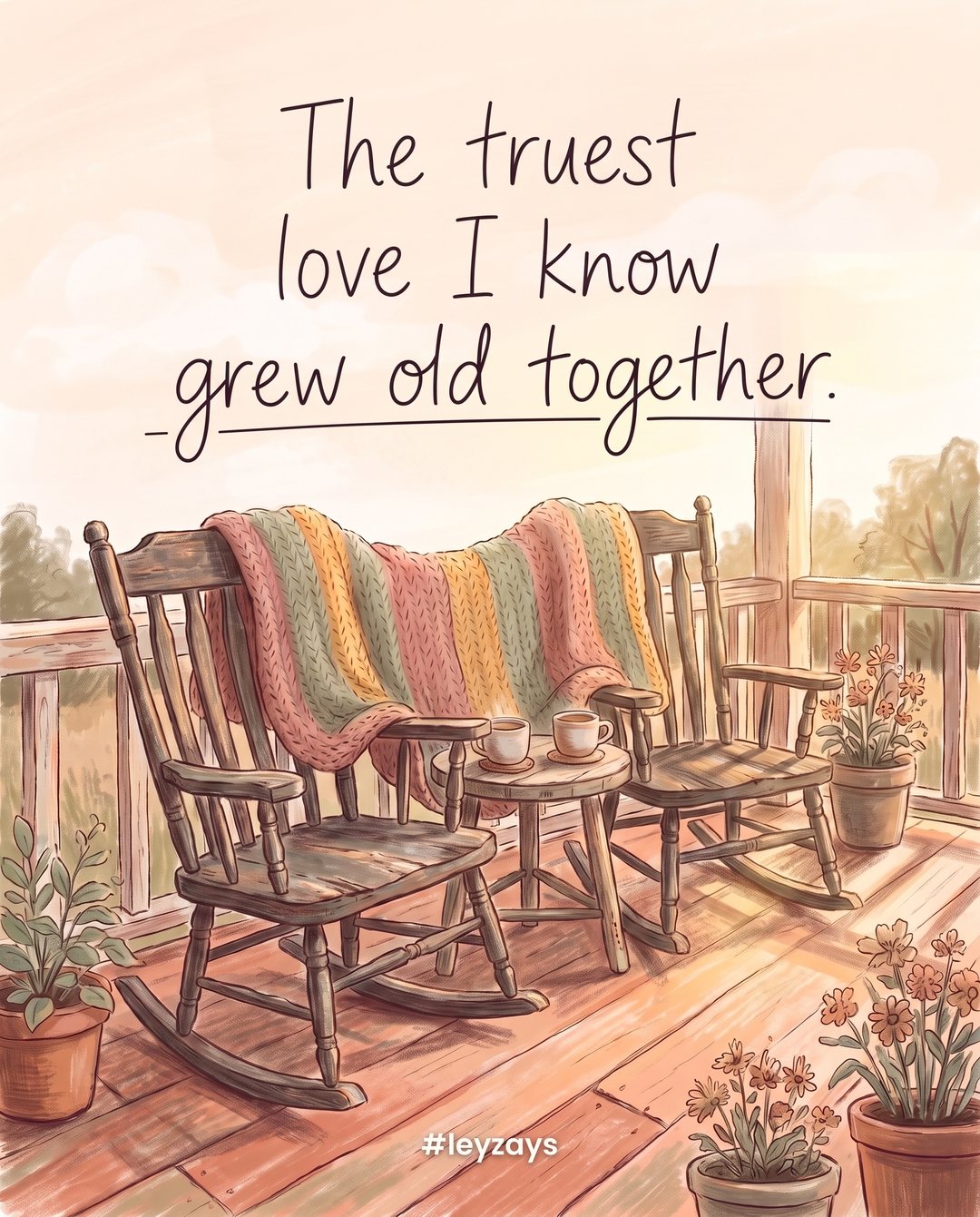 Illustration: Two old weathered wooden rocking chairs side by side on a porch at golden hour, a shared blanket draped across both, two cups on a small table.