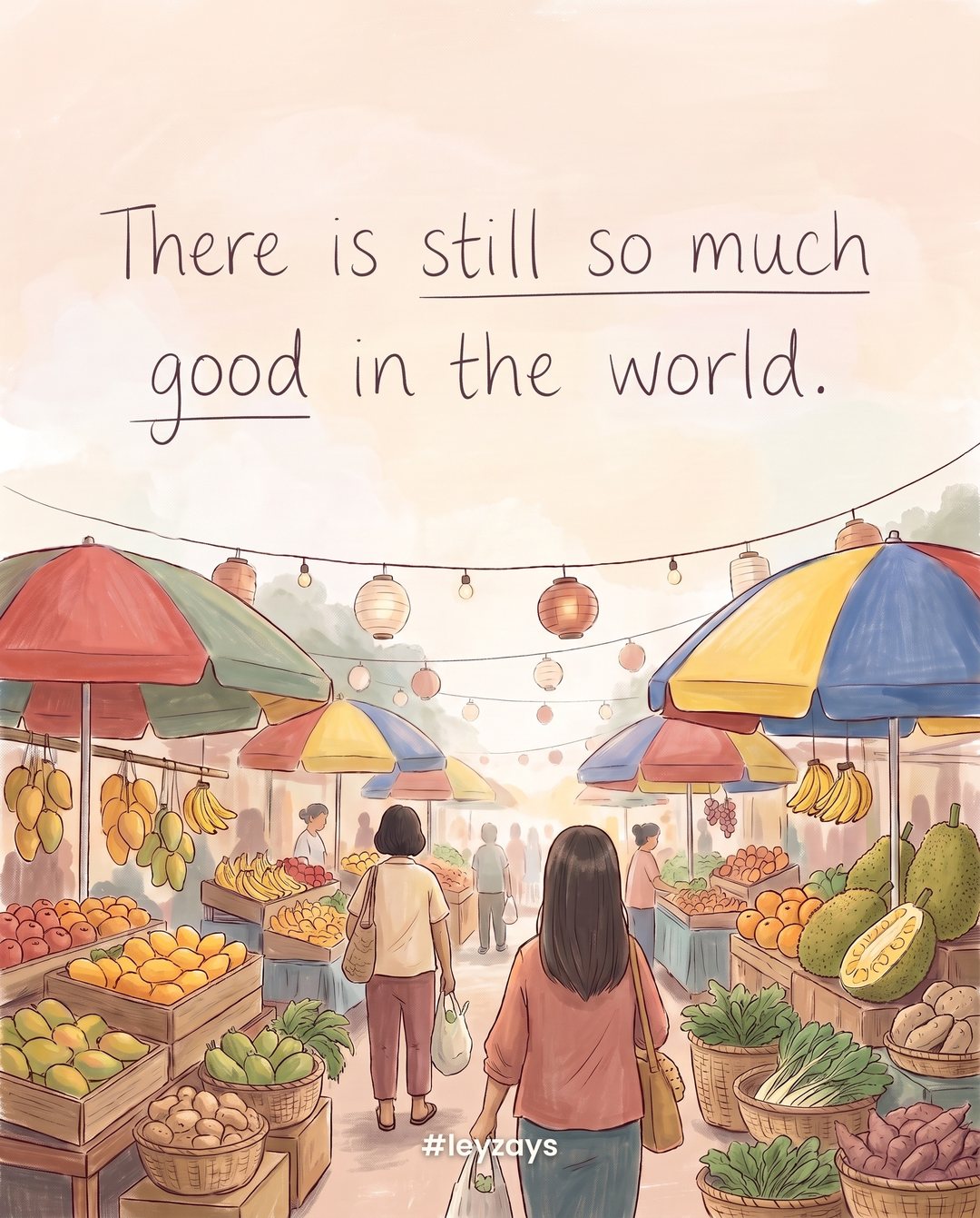 Illustration: A busy Filipino street market at morning with colorful fruit stalls, baskets of vegetables, bright umbrellas and hanging lanterns, no visible faces.